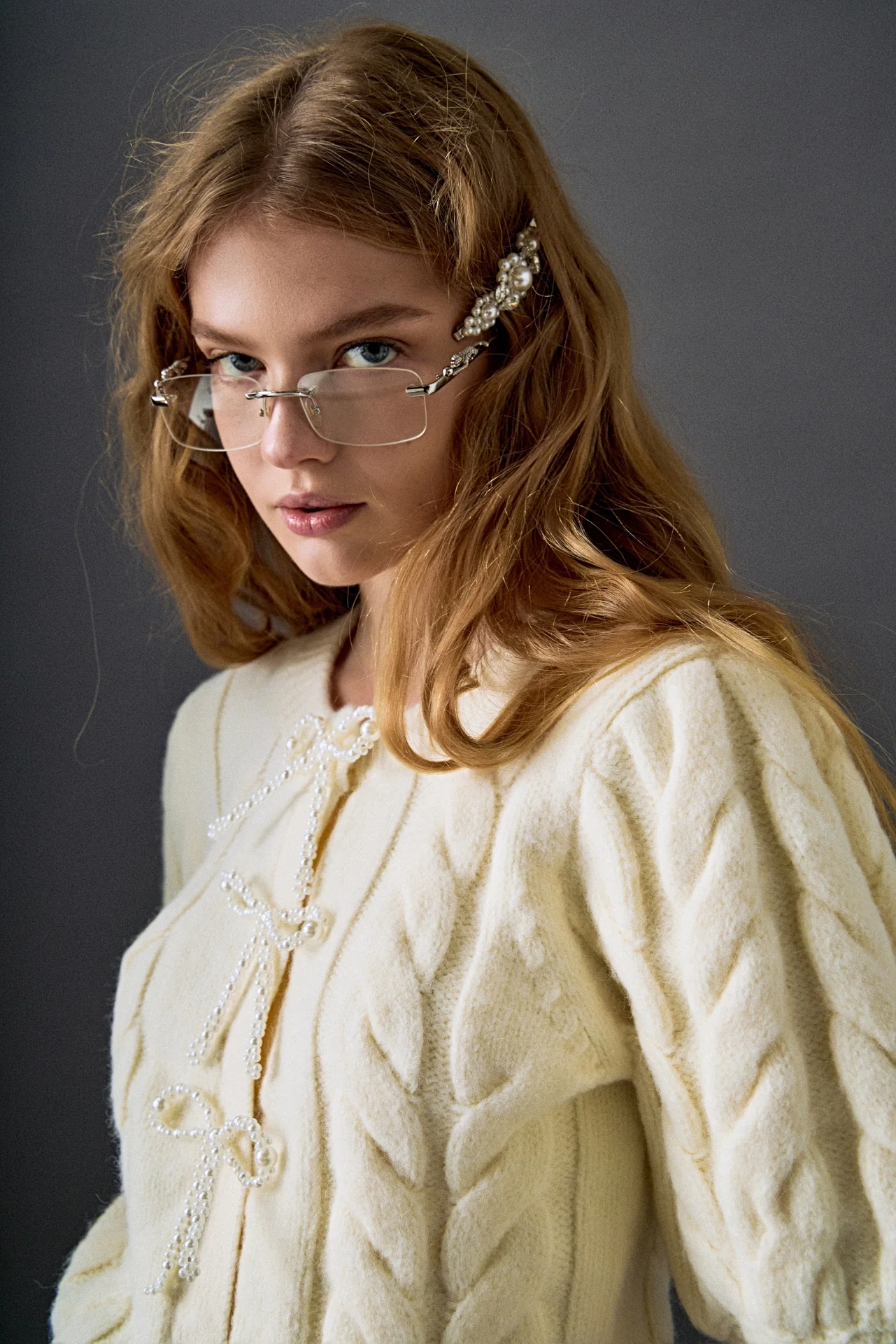 Pearl Bow Cable Knit Cardigan