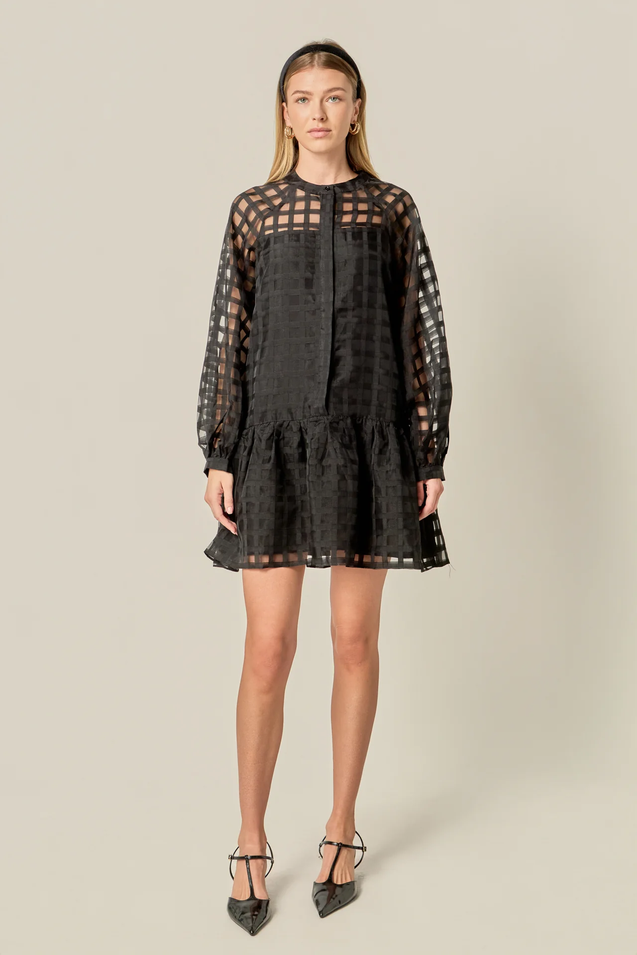 Sheer Checkered Organza Long Sleeve Mini Dress
