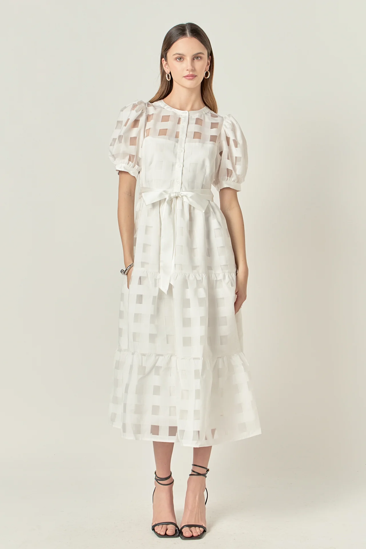 Check Puff Sleeve Midi Dress