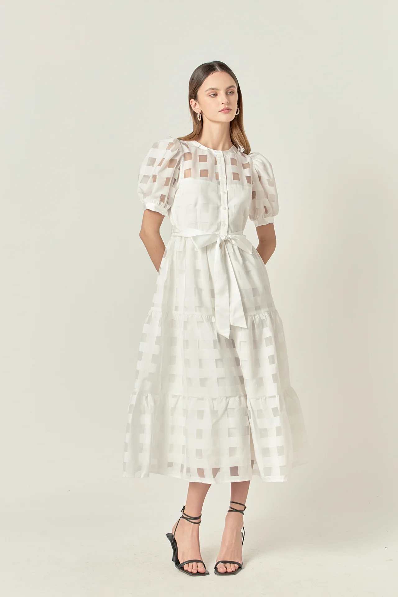 Check Puff Sleeve Midi Dress - Image 5