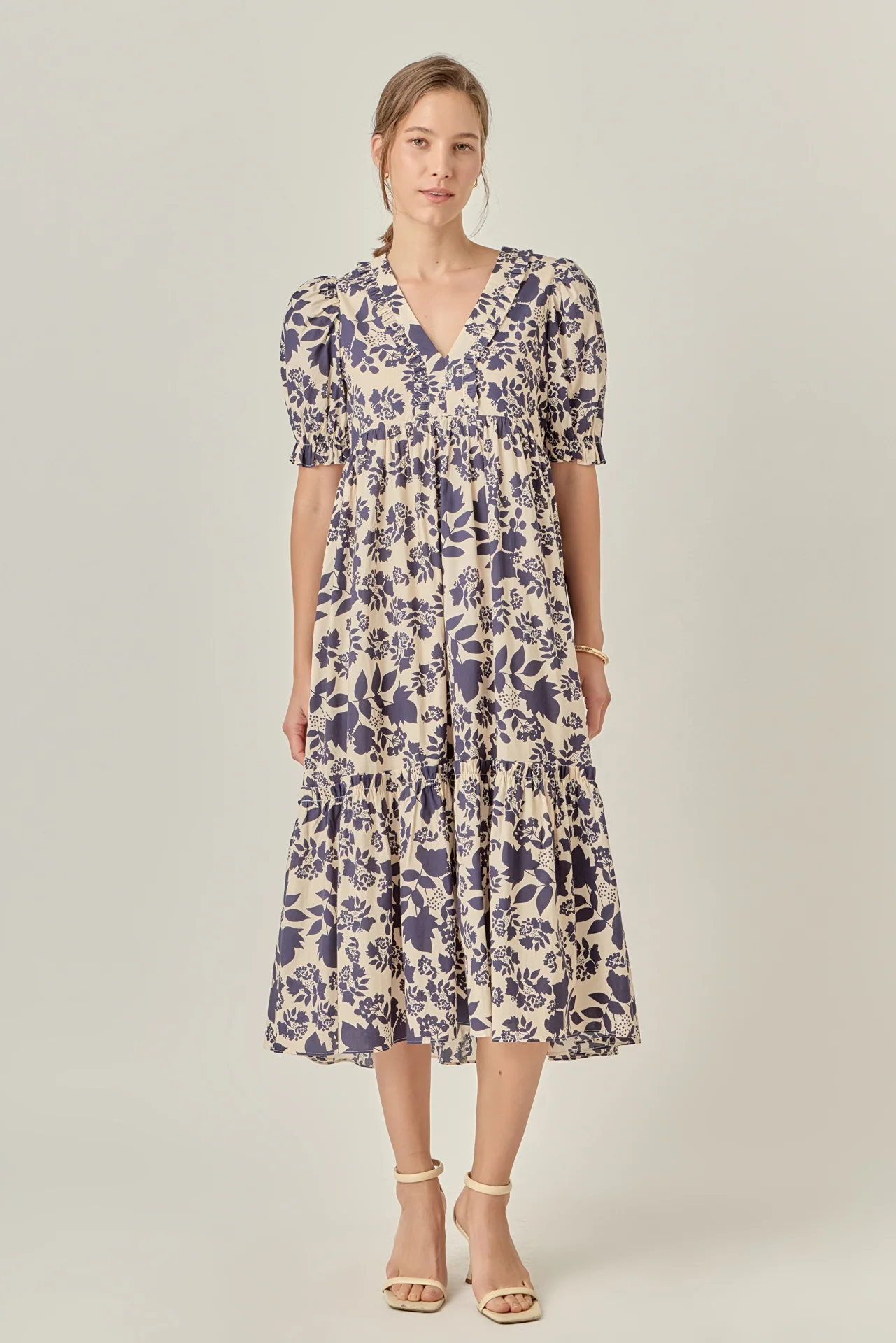 V-Neck Floral Puff Sleeve Tiered Midi Dress