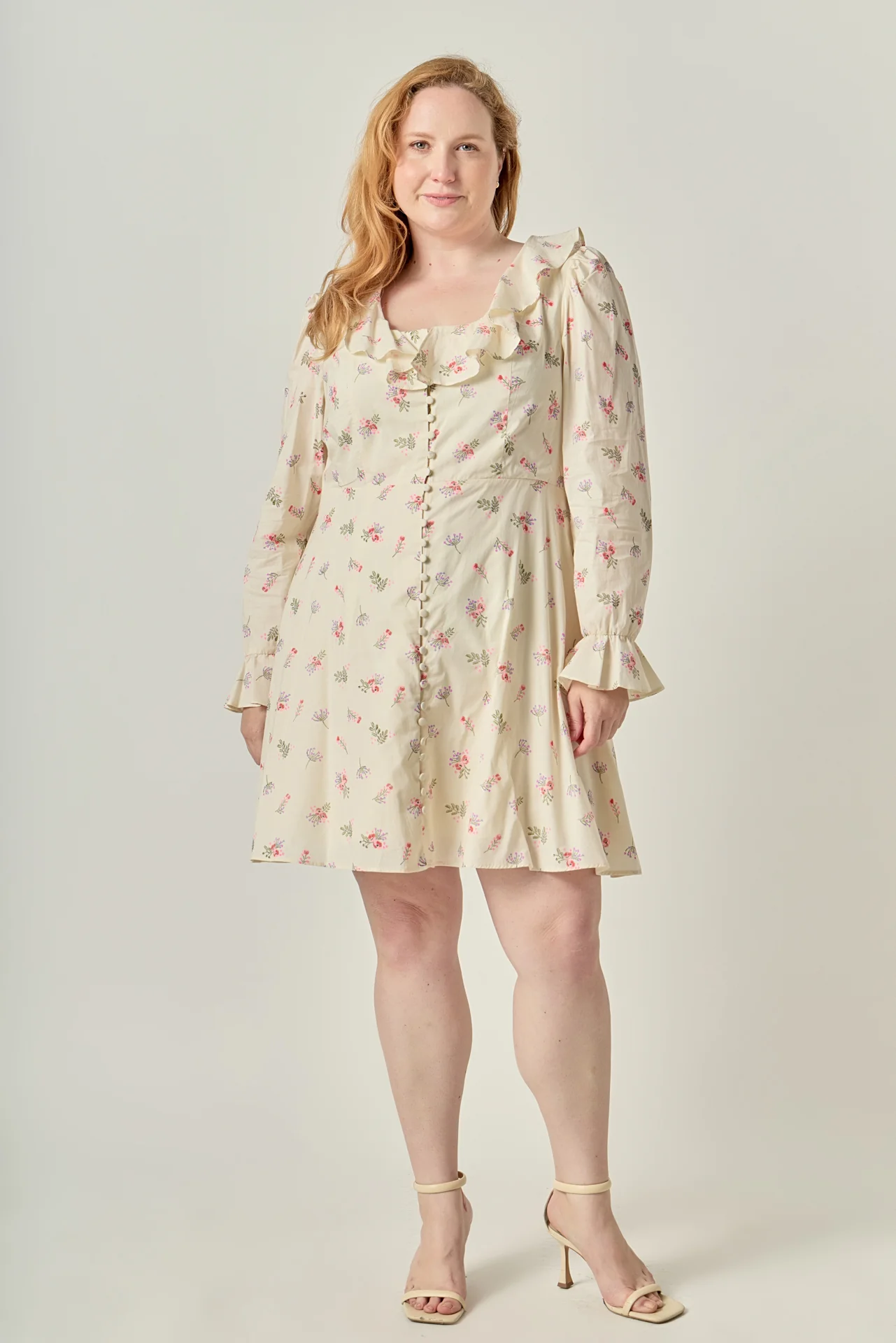 Plus Size Floral Ruffled Neck Mini Dress