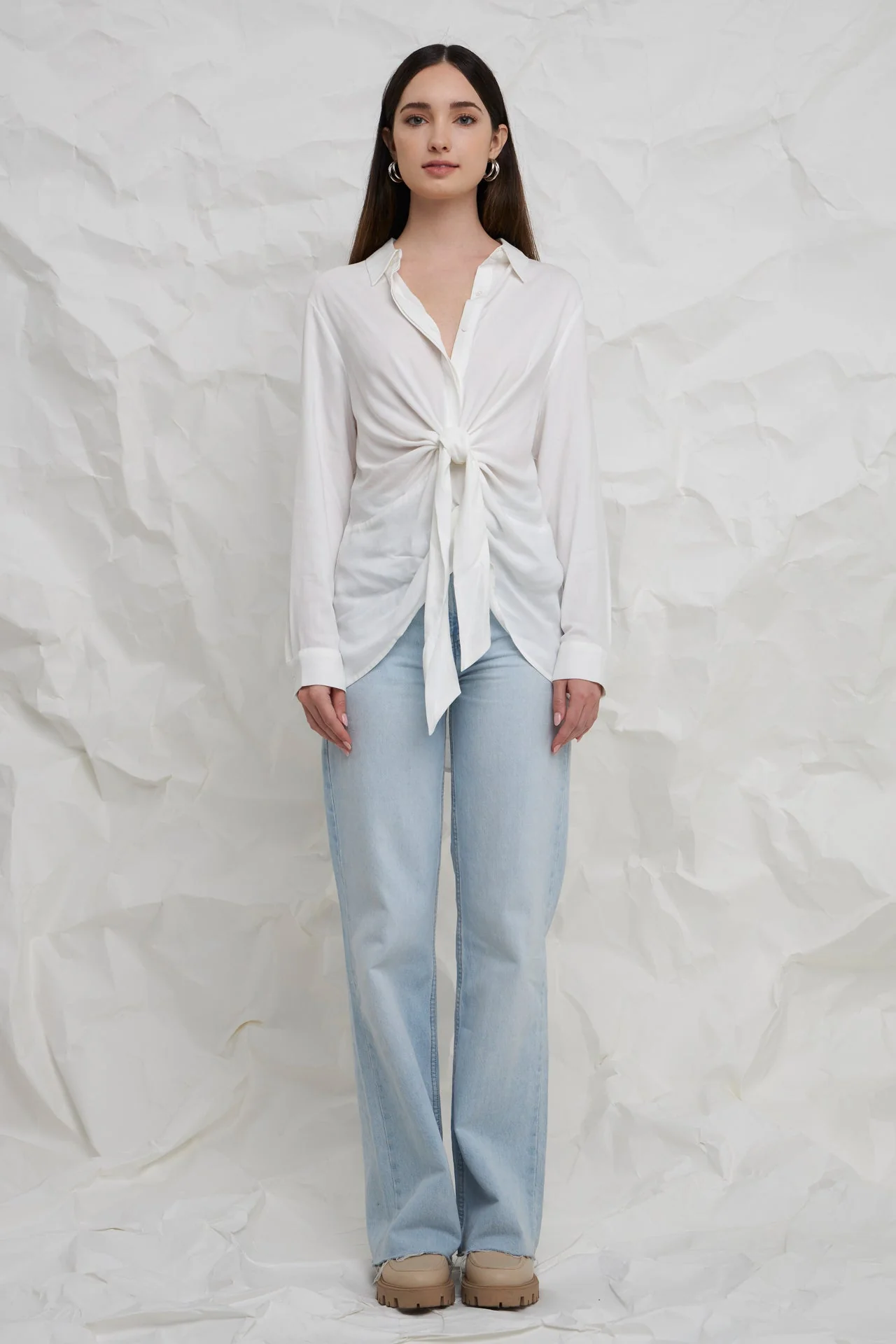 Front Tie Oversized Collared Top