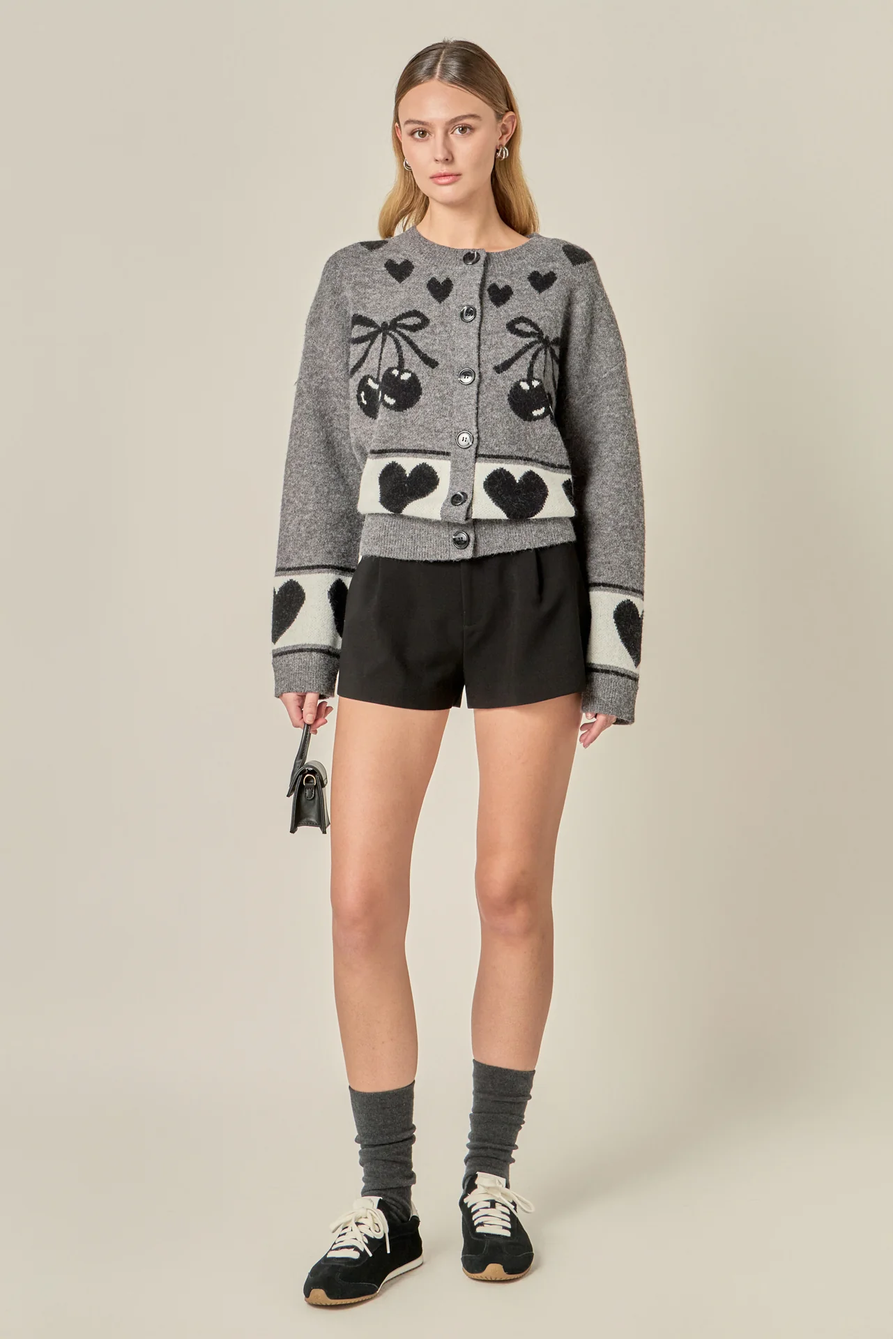 Knit Cardigan with Cherry Heart Pattern