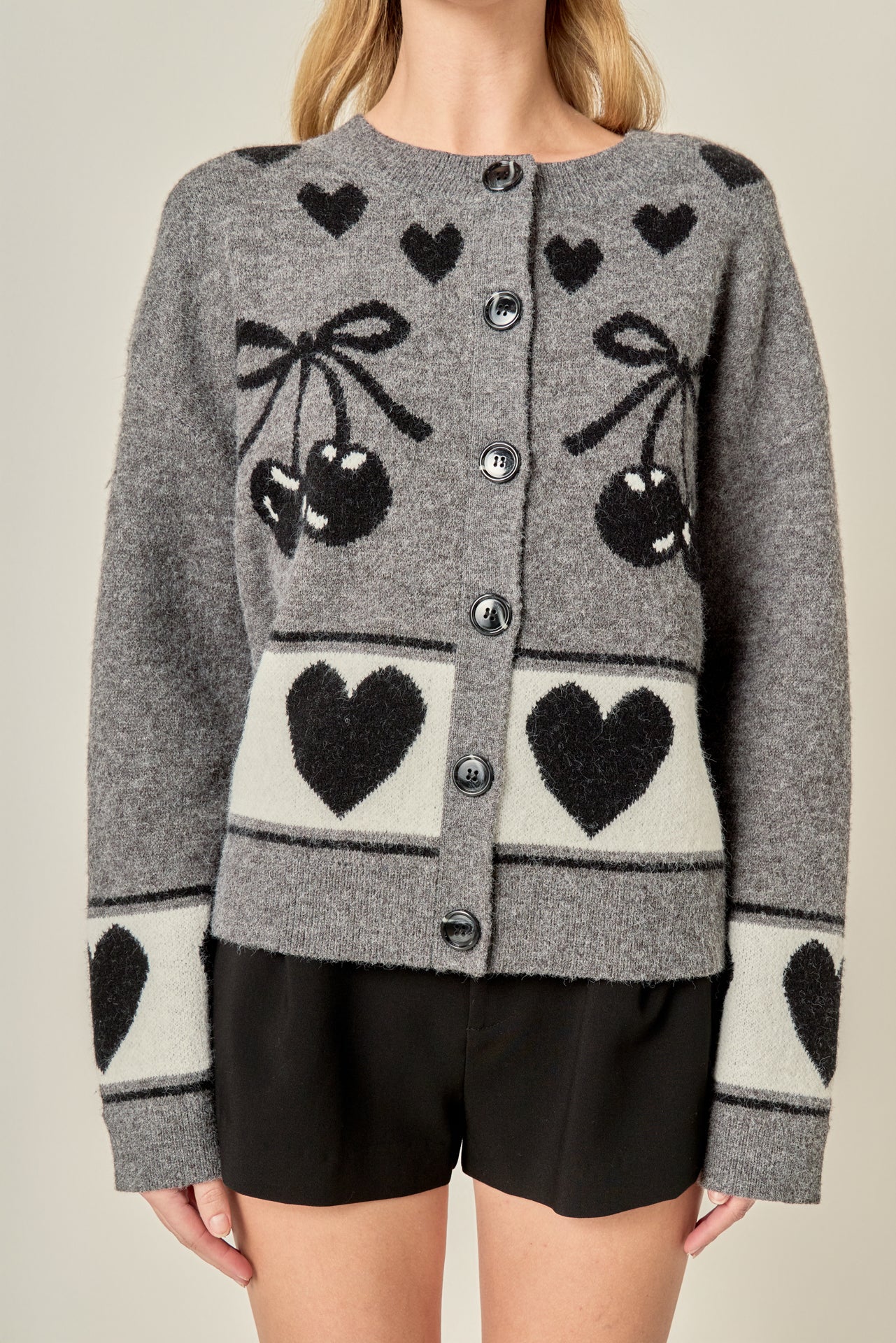 Knit Cardigan with Cherry Heart Pattern - Image 2
