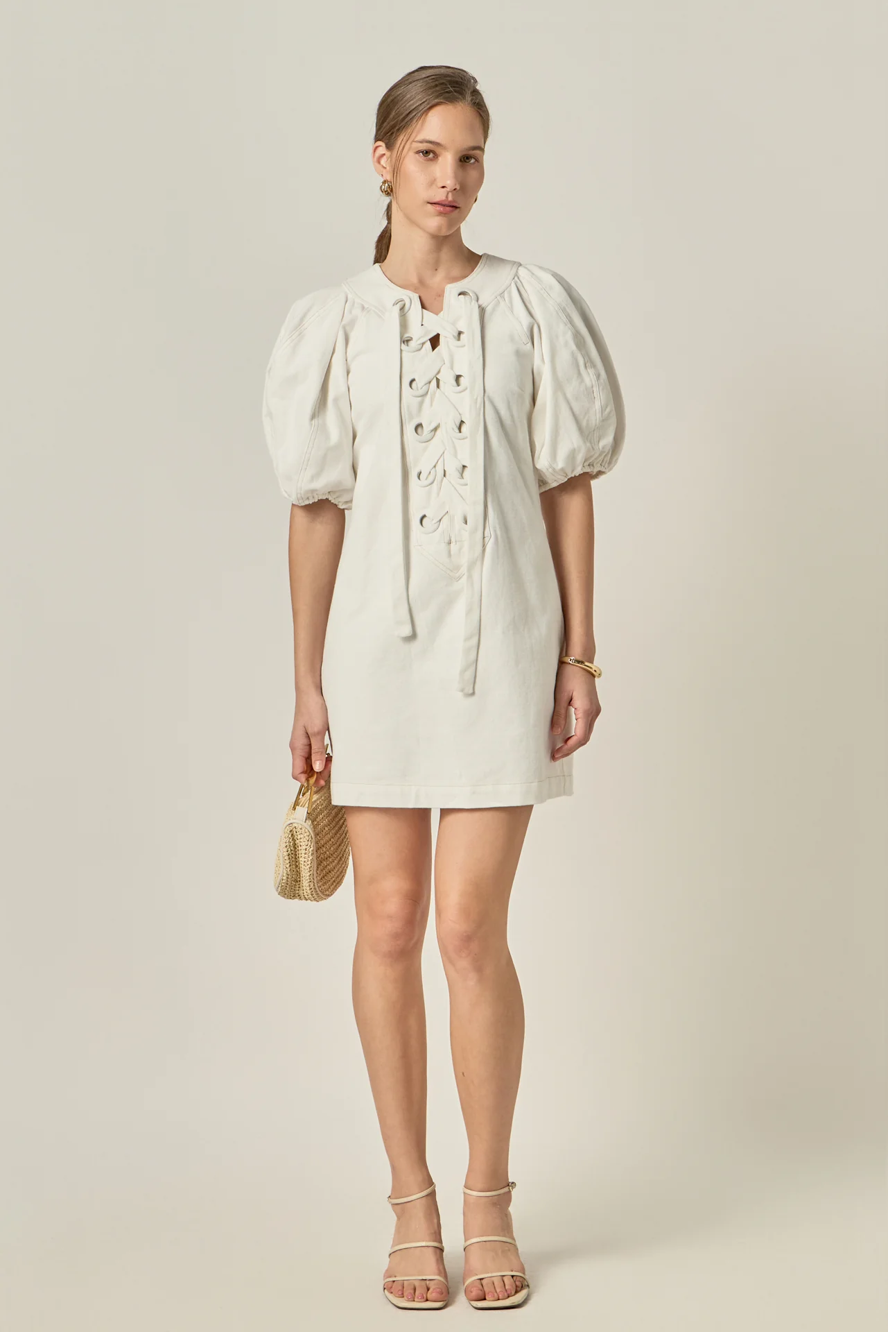 Laced Up Puffed Sleeve Mini Dress