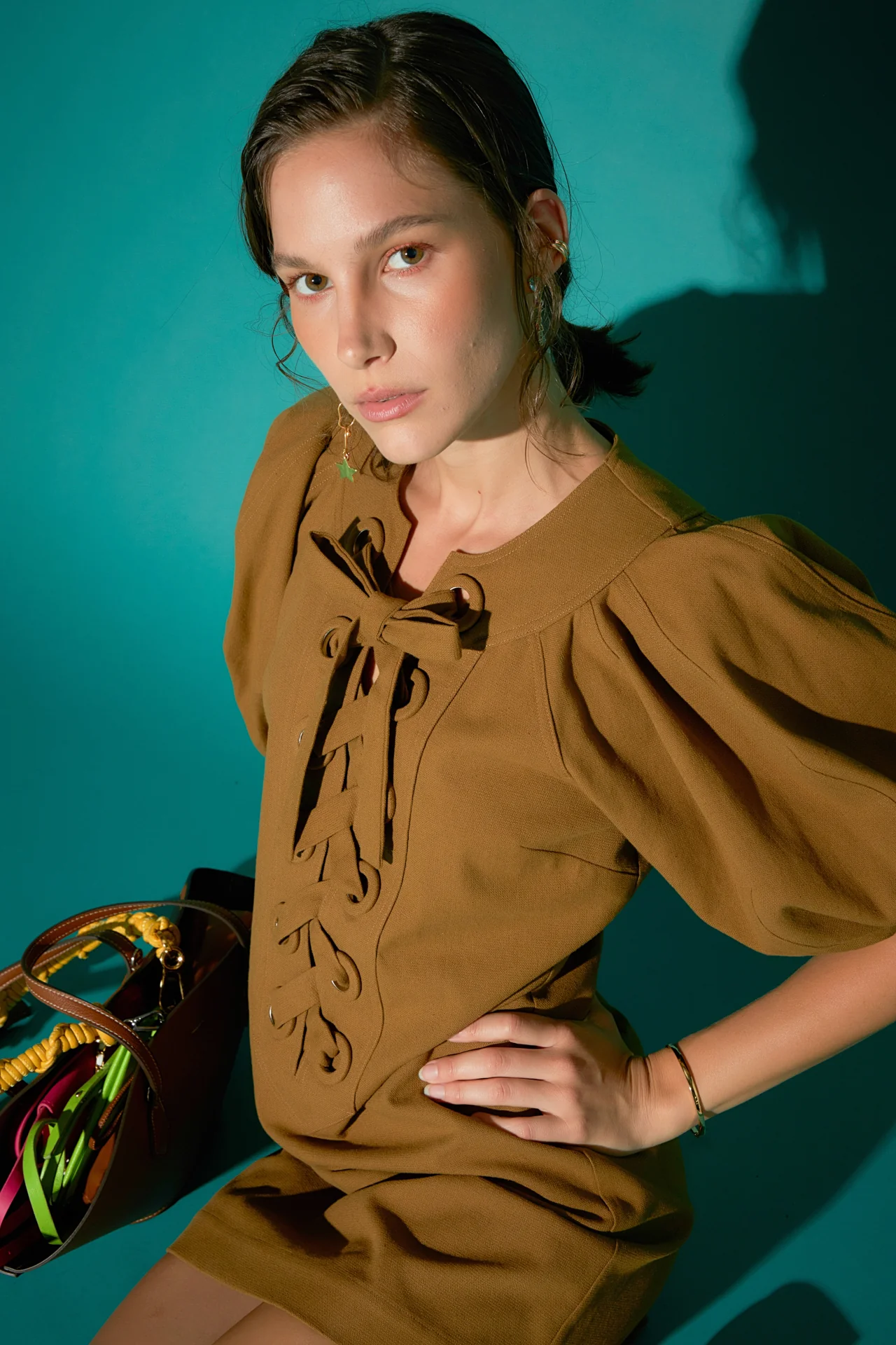 Laced Up Puffed Sleeve Mini Dress - Image 12
