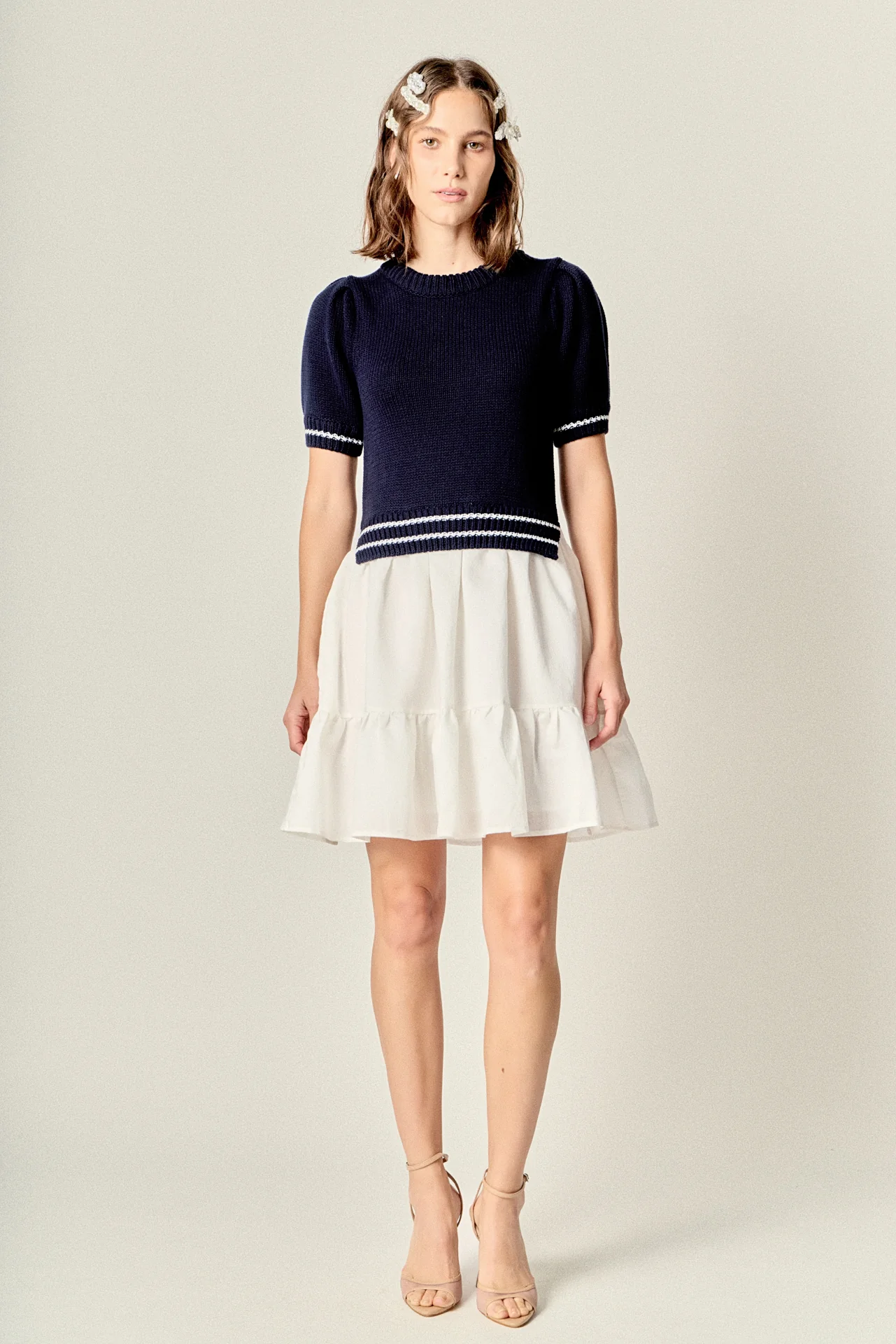 Mixed Media Puff Sleeve Mini Dress