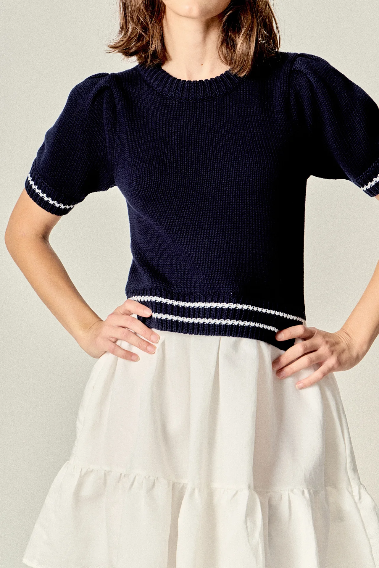 Mixed Media Puff Sleeve Mini Dress - Image 2