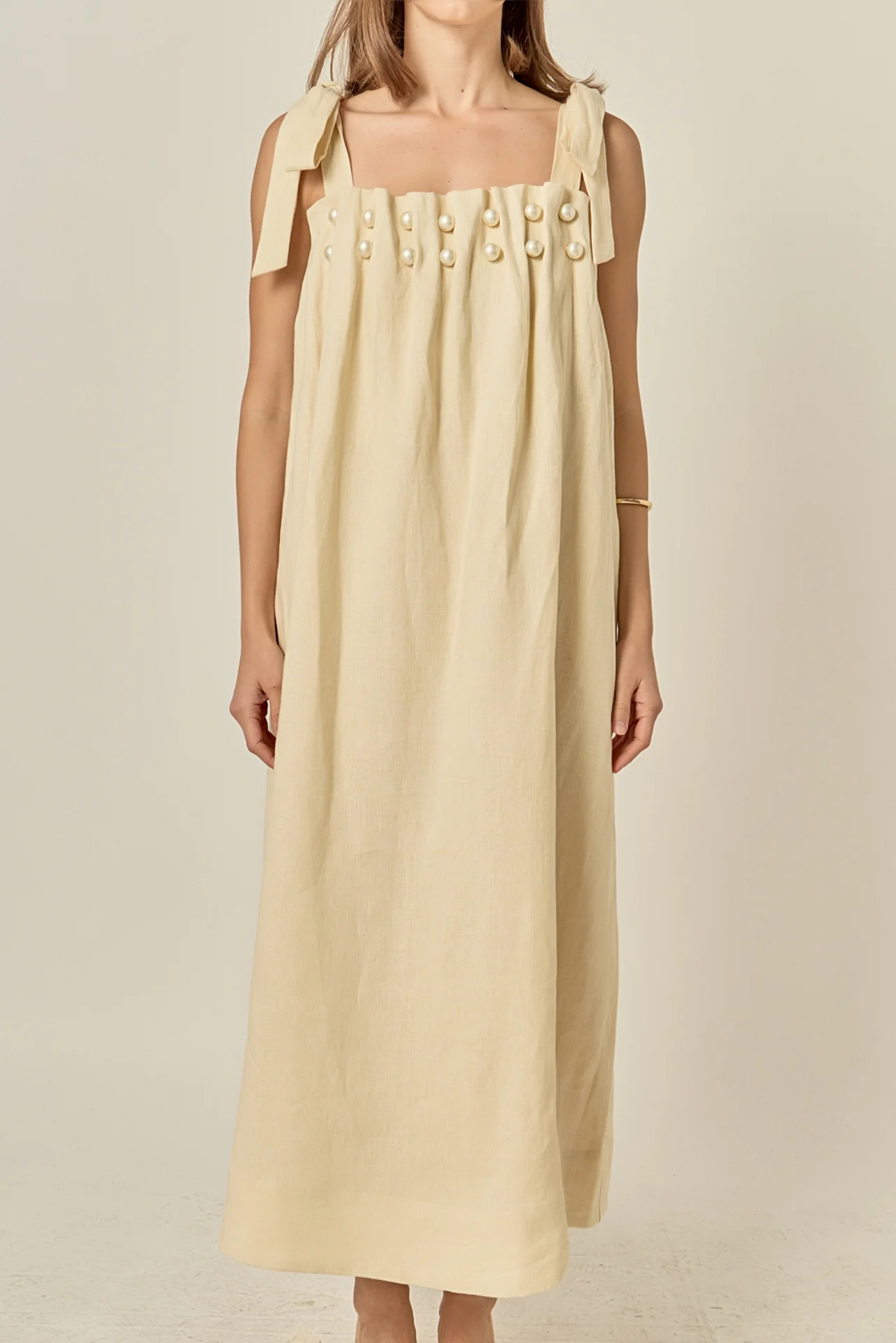 Pearl Tie Strap Linen Midi Dress - Image 2