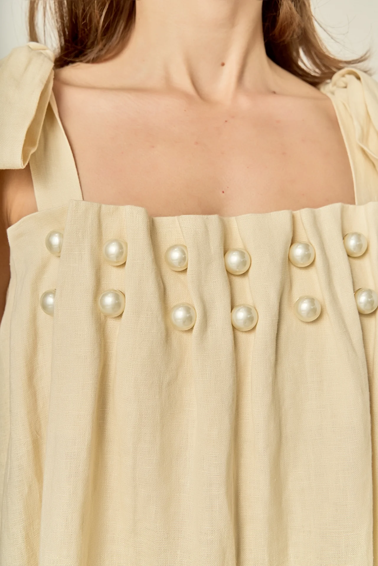 Pearl Tie Strap Linen Midi Dress - Image 3