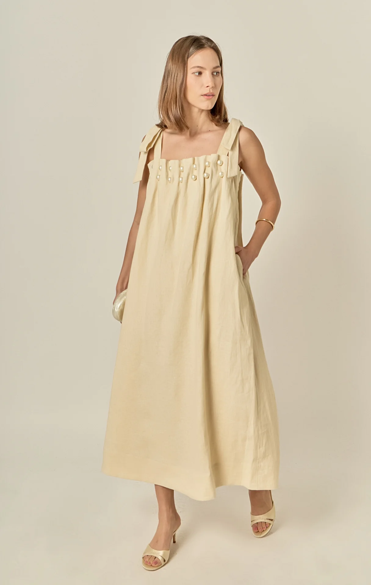 Pearl Tie Strap Linen Midi Dress - Image 7