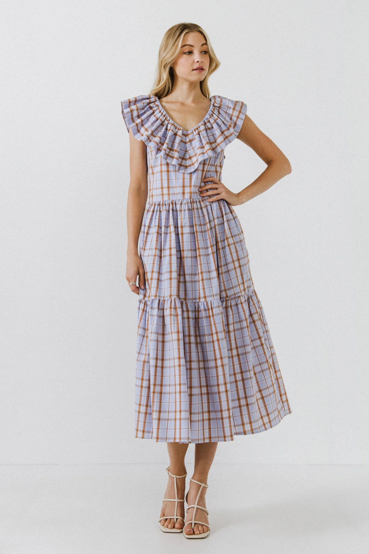Plaid Midi Dress With Ruffle Neckline