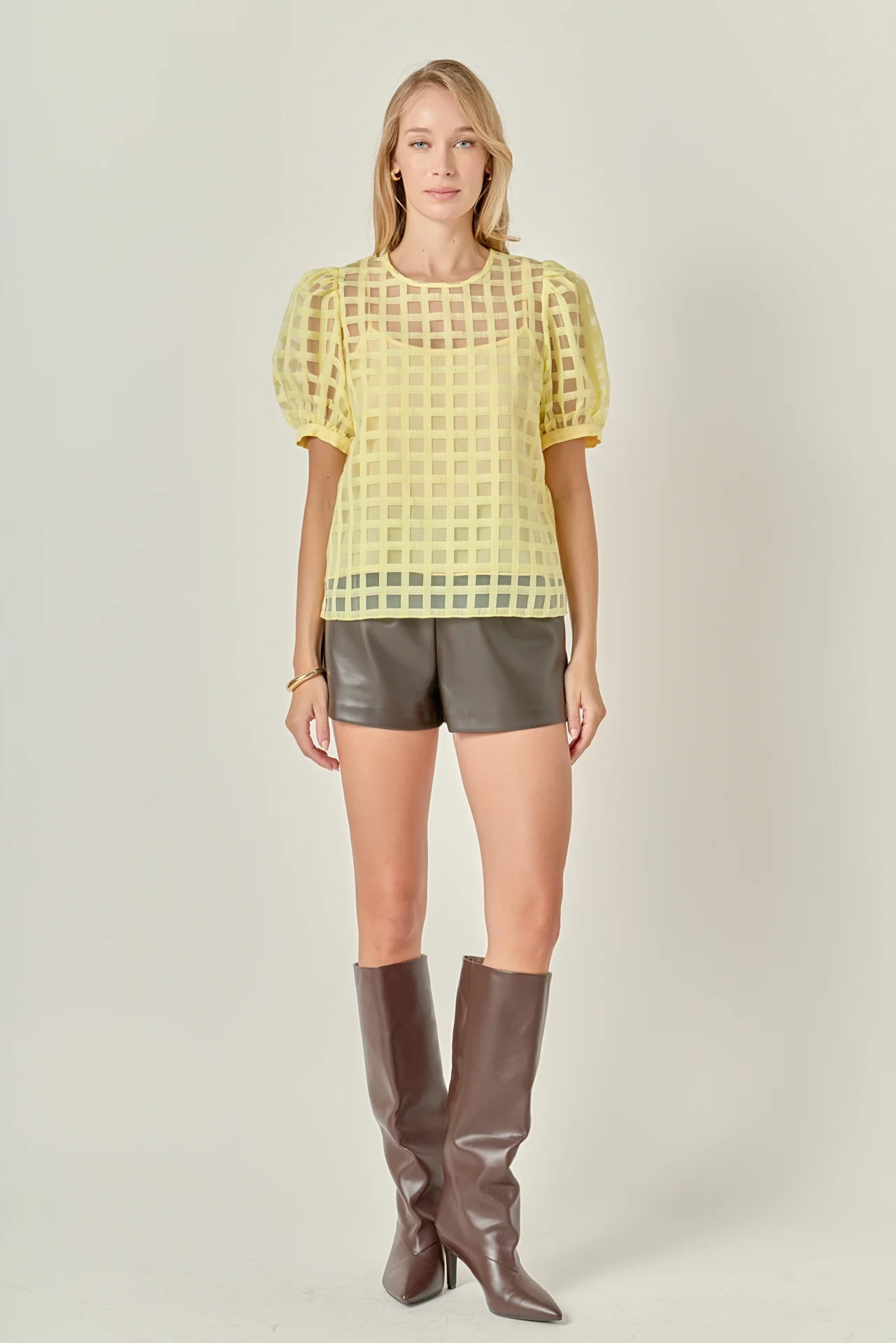 Puff Sleeve Plaid Sheer Top - Image 12