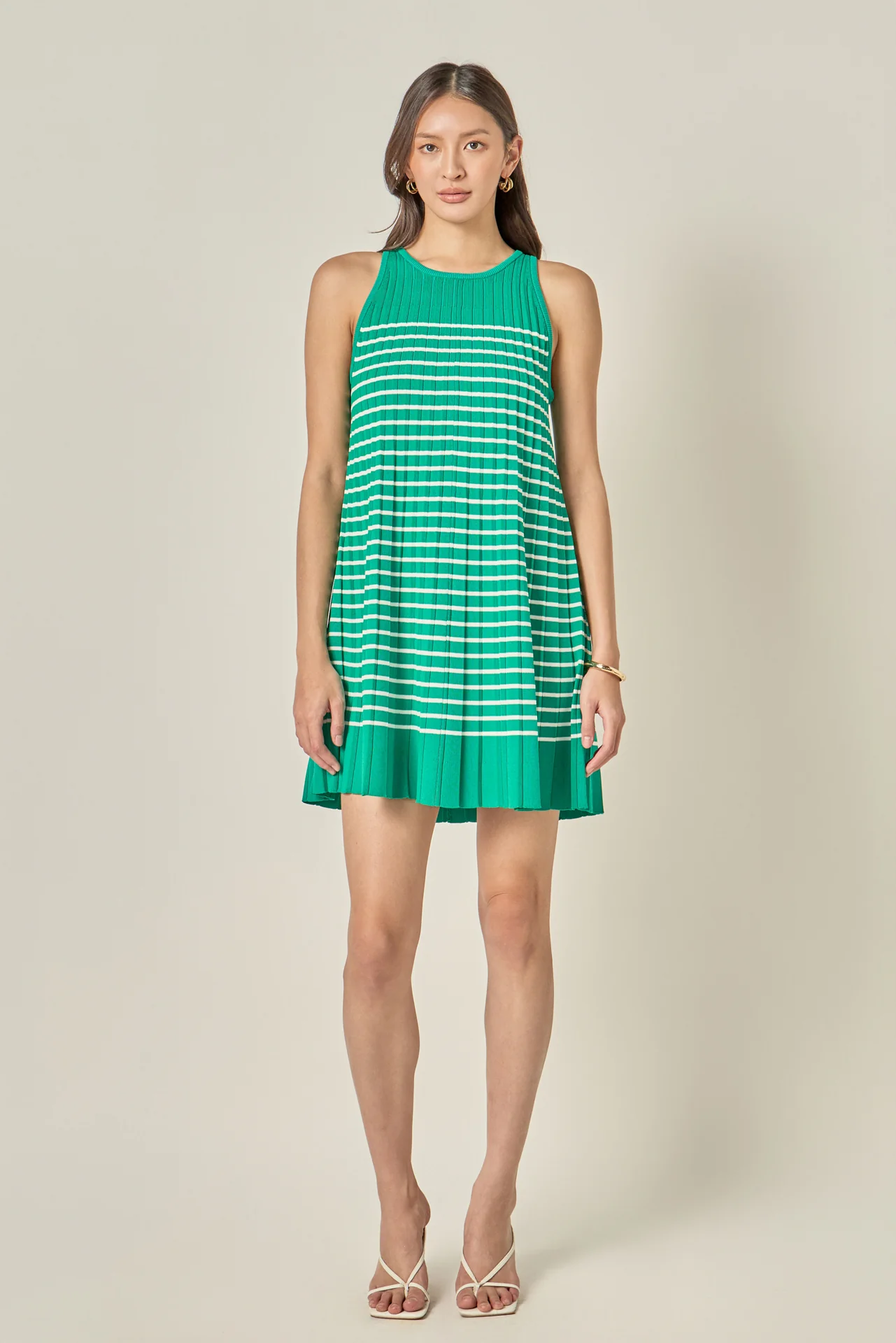 Pleated A-line Knit Stripe Mini Dress
