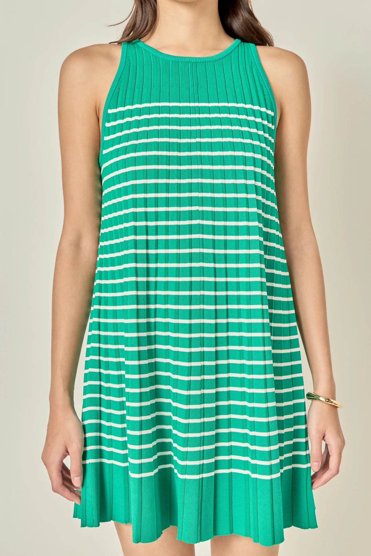 Pleated A-line Knit Stripe Mini Dress - Image 2