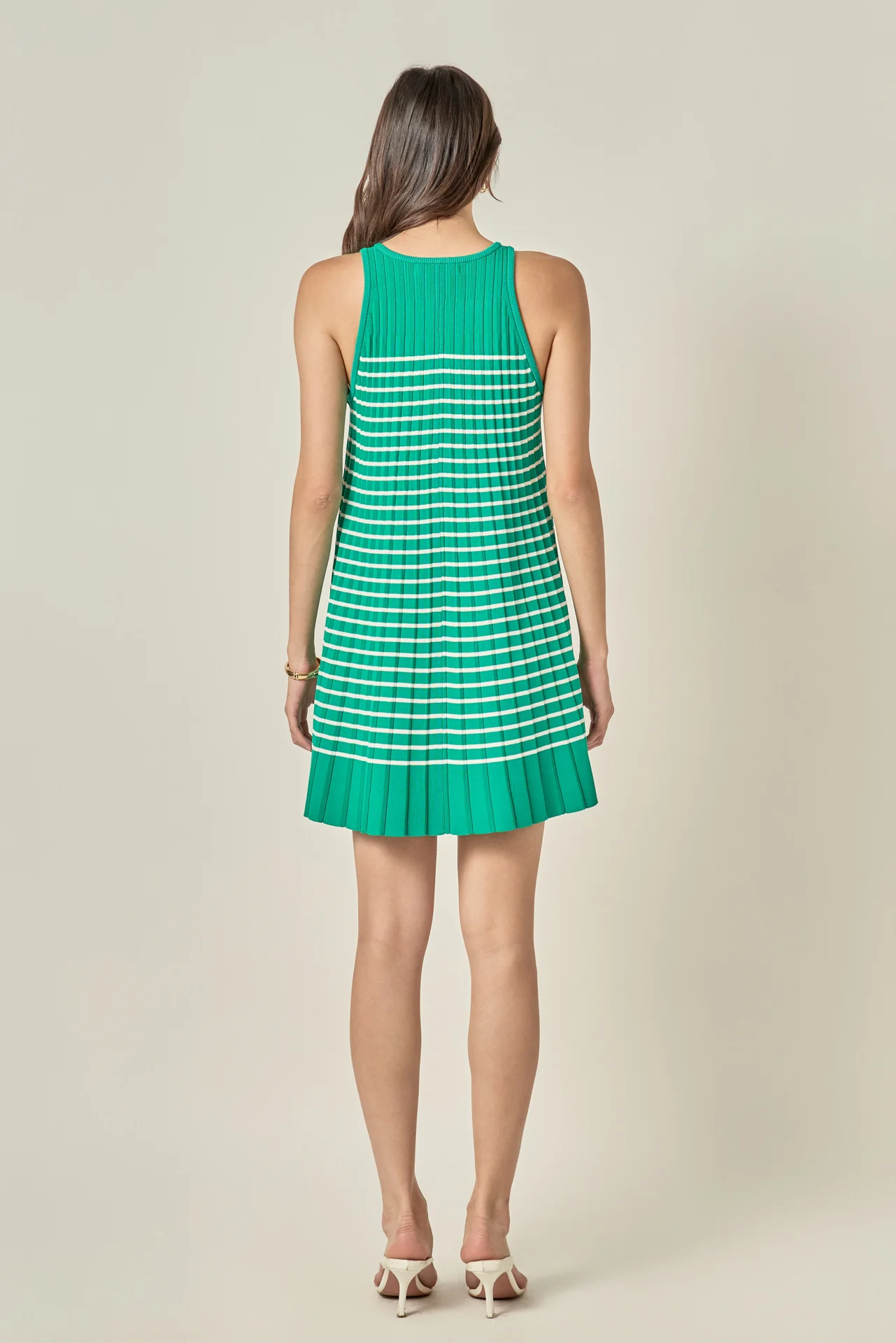 Pleated A-line Knit Stripe Mini Dress - Image 4