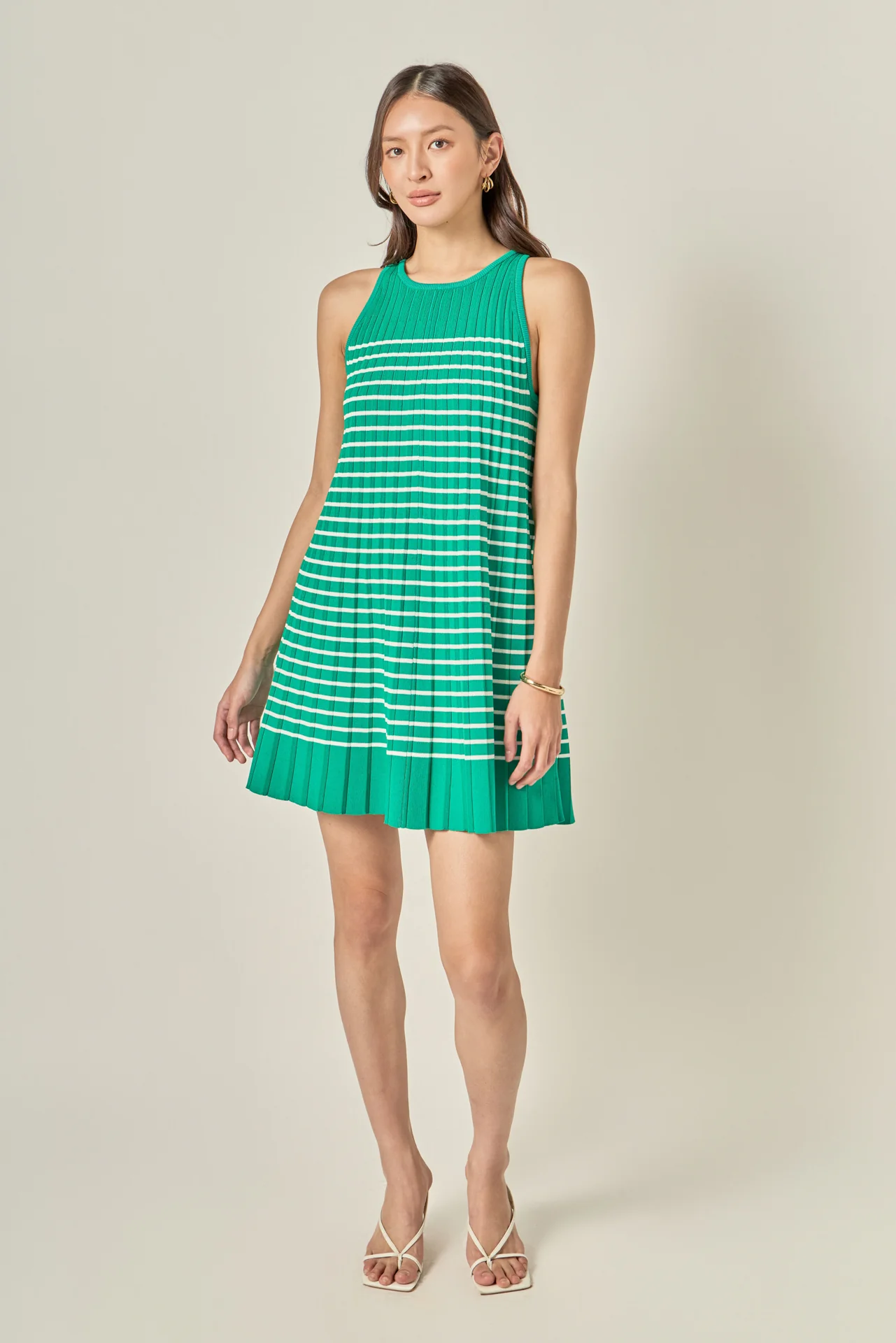 Pleated A-line Knit Stripe Mini Dress - Image 5