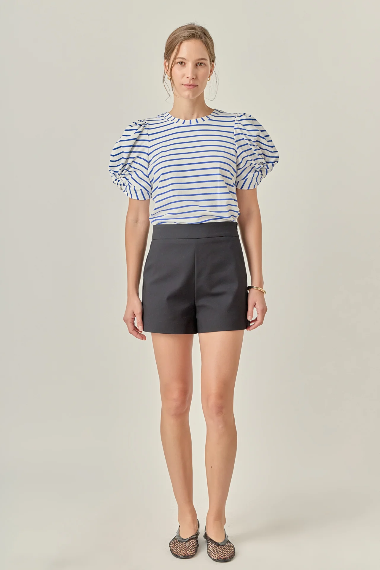 Striped Puff Sleeve Crewneck Top
