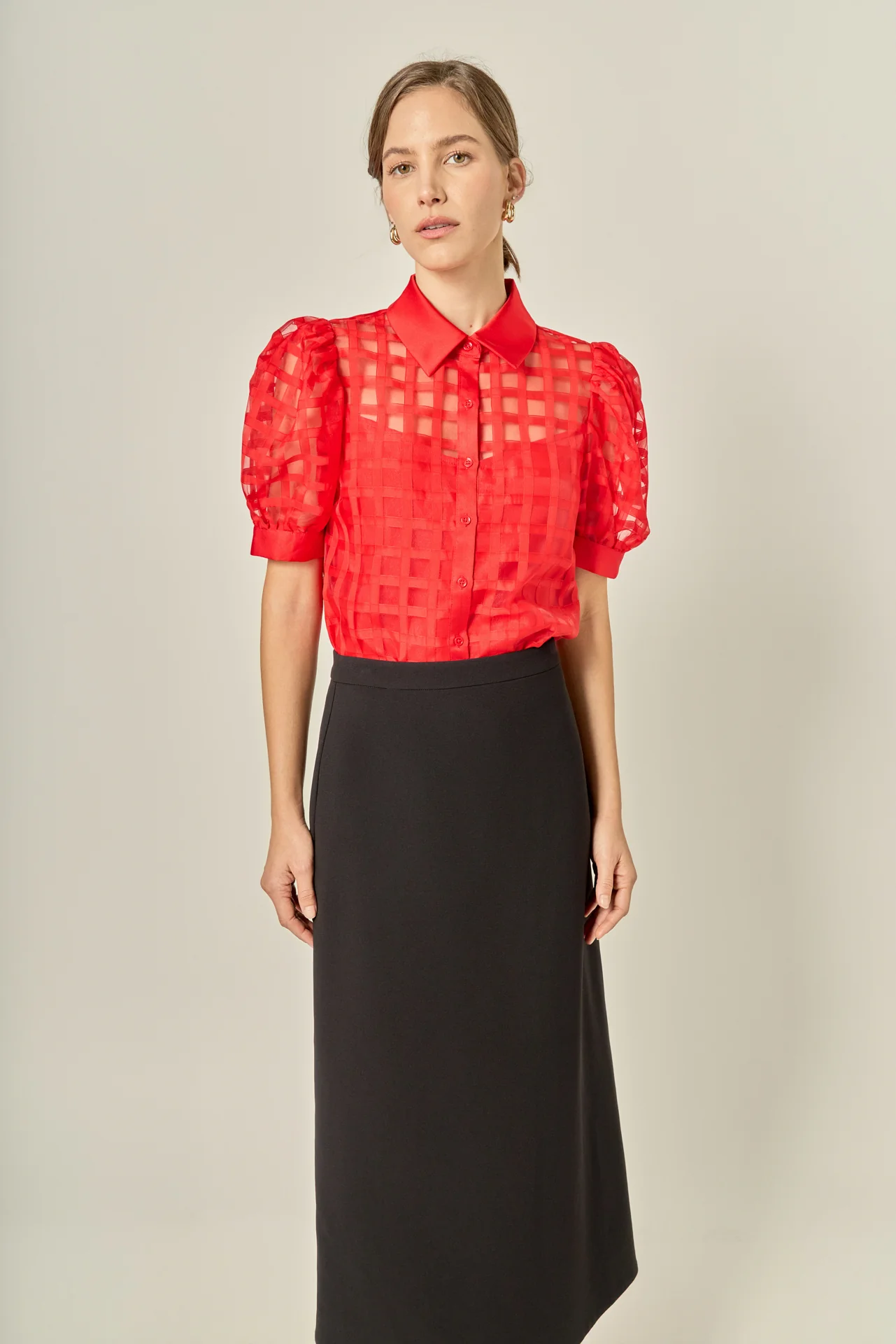 Short Sleeve Organza Grid Blouse - Image 11