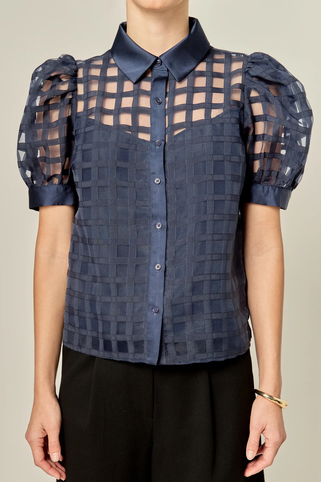 Short Sleeve Organza Grid Blouse - Image 13