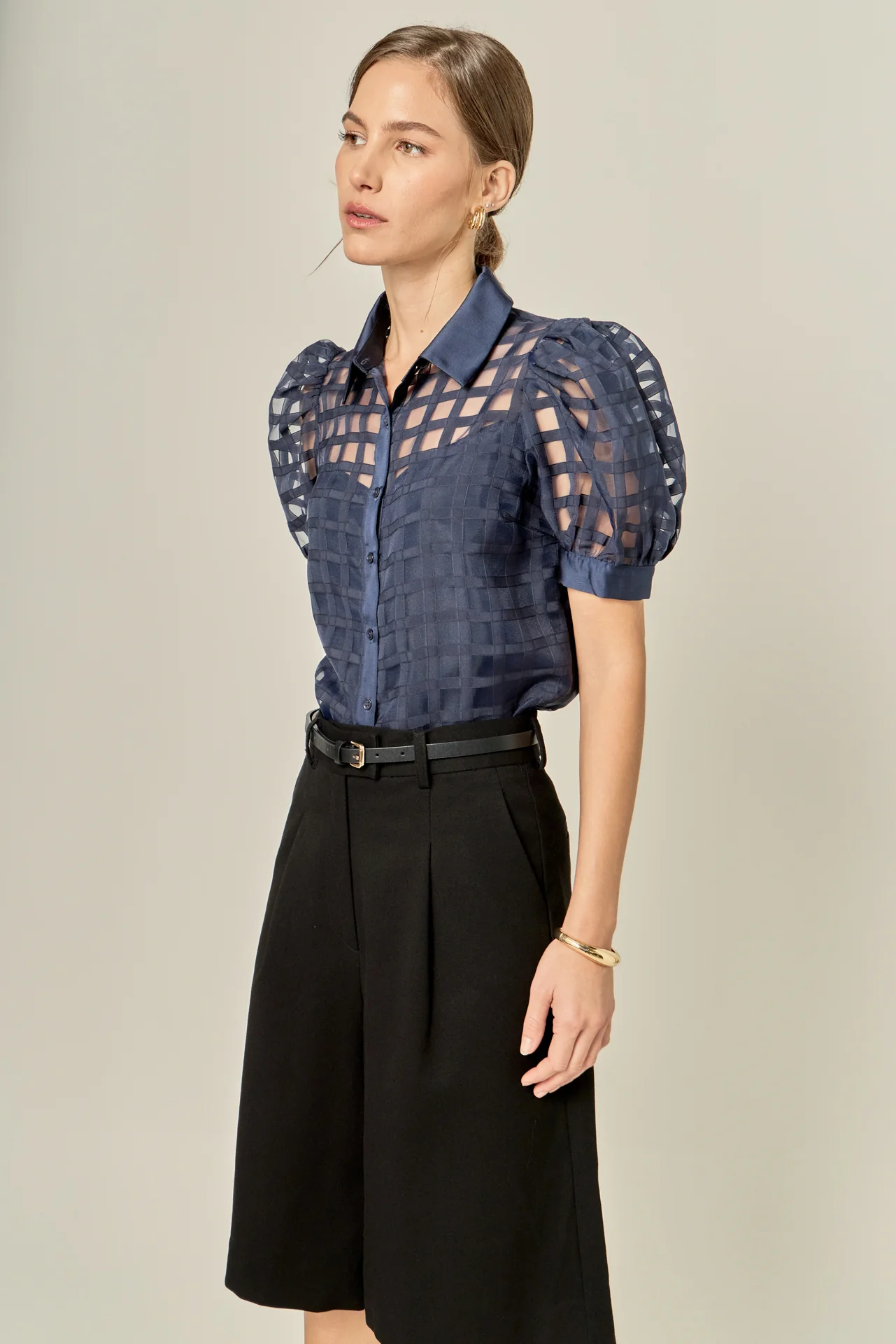 Short Sleeve Organza Grid Blouse - Image 14