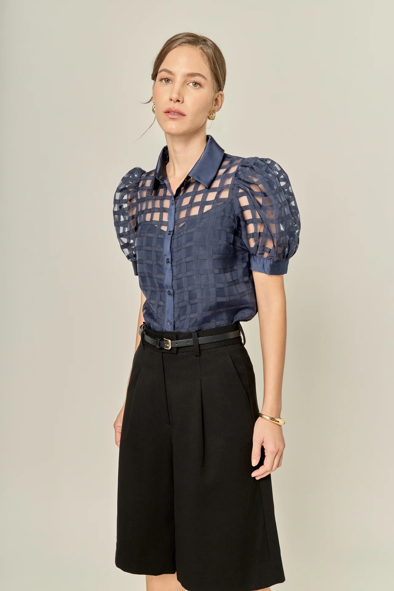 Short Sleeve Organza Grid Blouse - Image 15