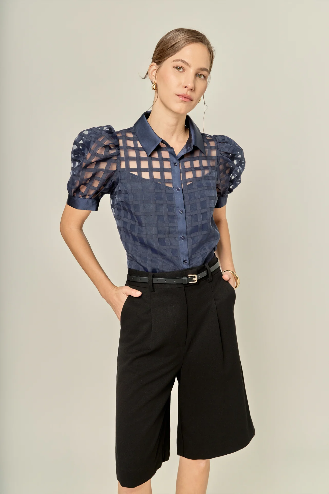 Short Sleeve Organza Grid Blouse - Image 16
