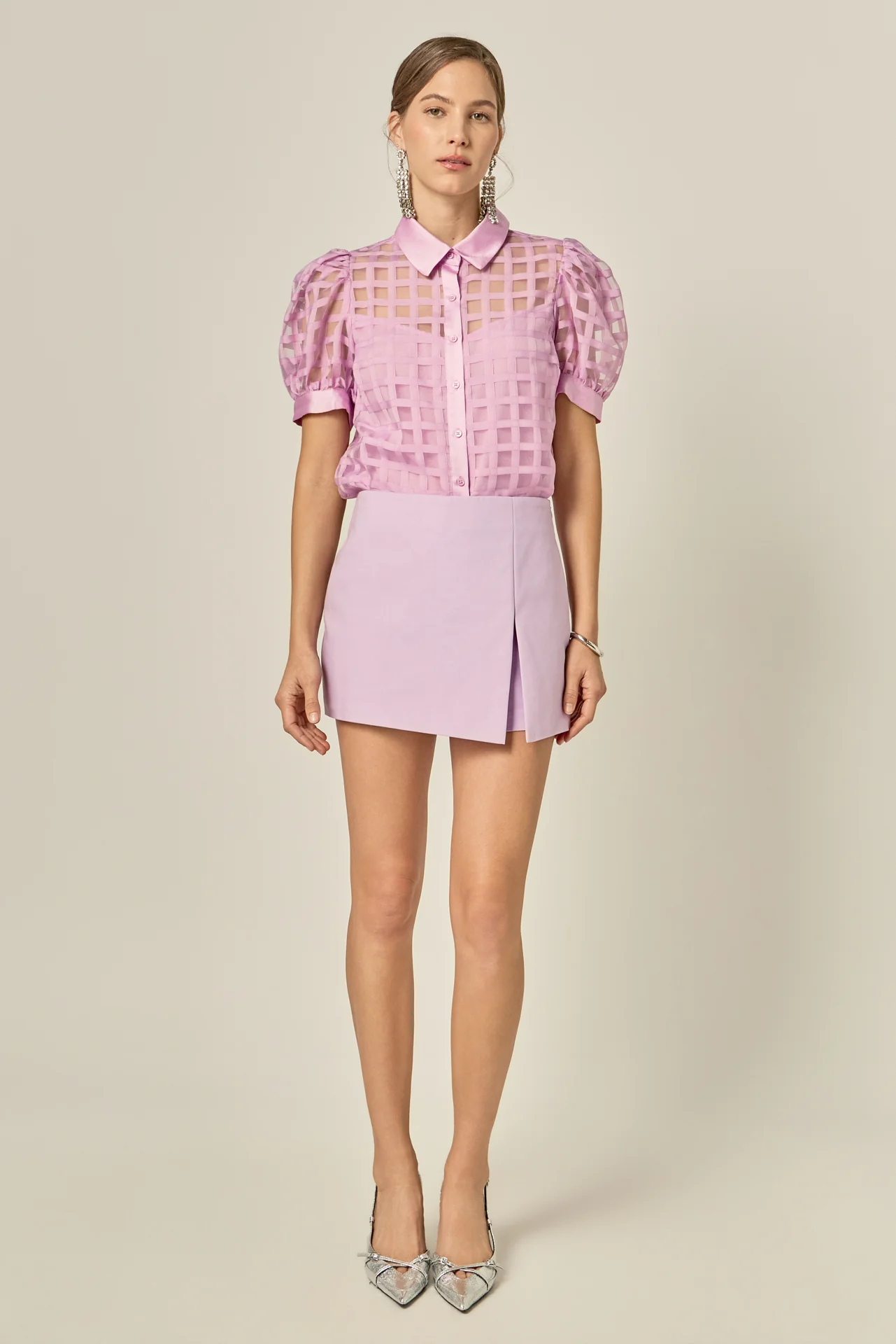 Short Sleeve Organza Grid Blouse - Image 23