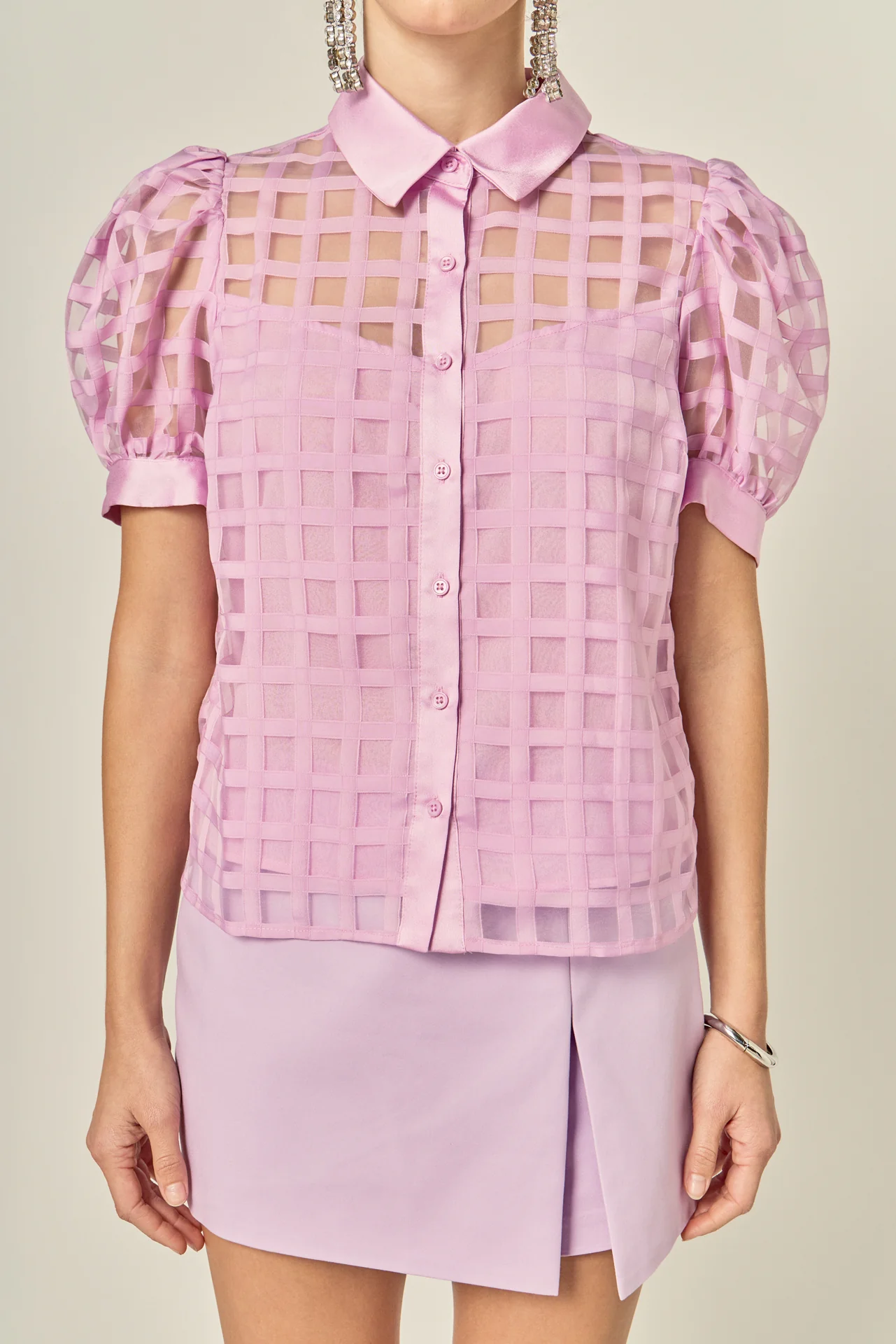 Short Sleeve Organza Grid Blouse - Image 24