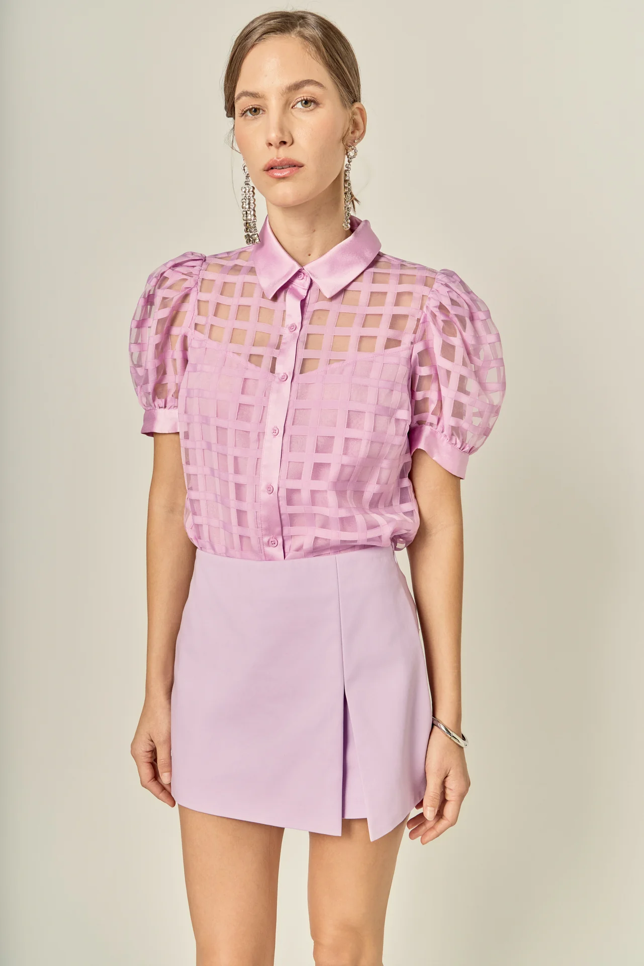Short Sleeve Organza Grid Blouse - Image 27
