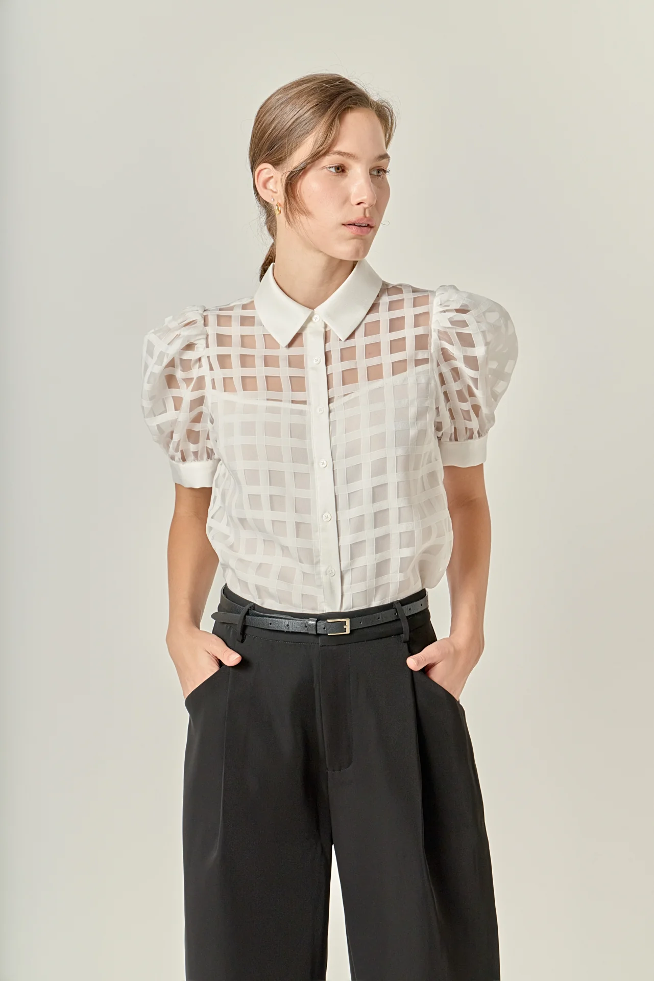 Short Sleeve Organza Grid Blouse - Image 32