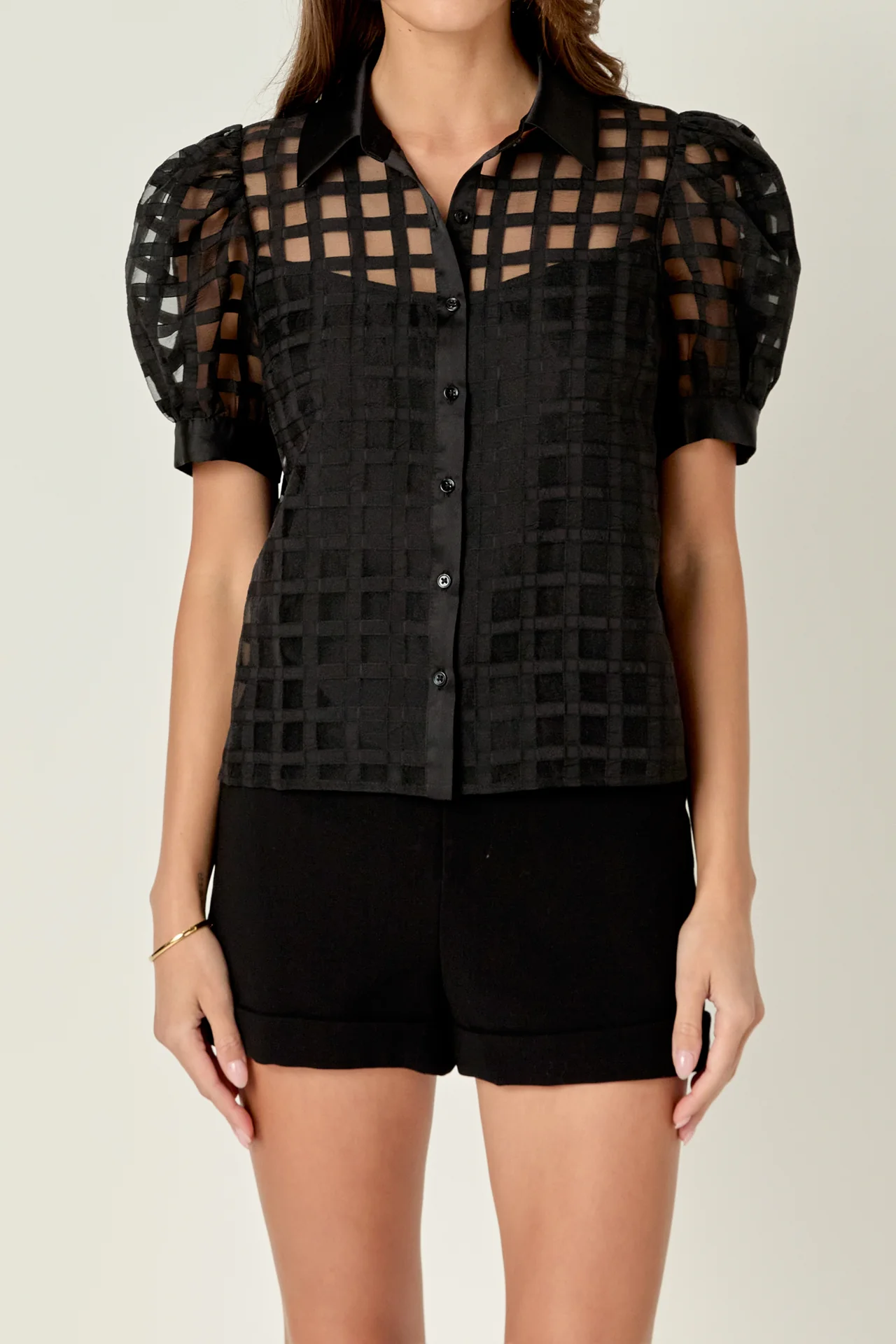 Short Sleeve Organza Grid Blouse - Image 35