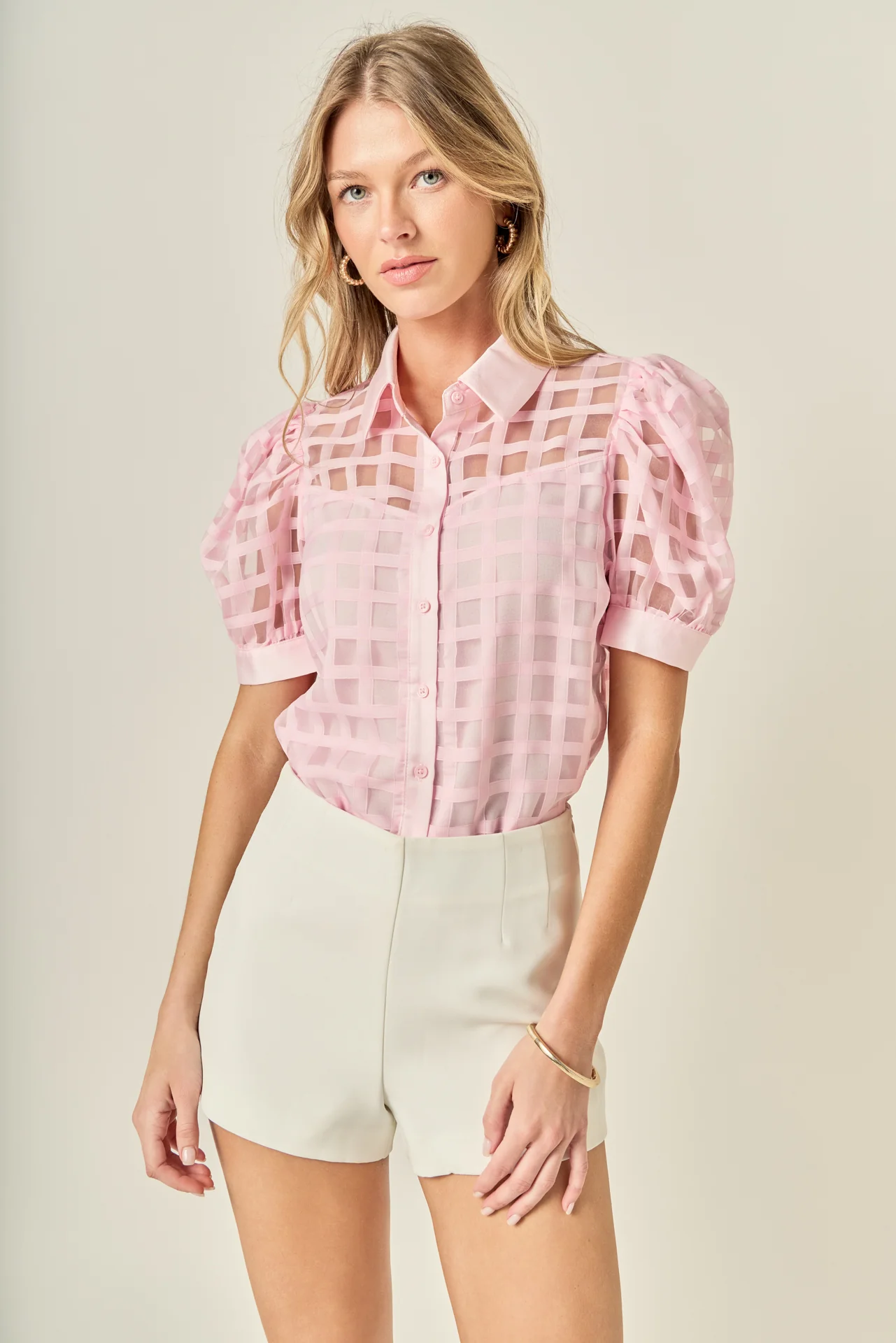 Short Sleeve Organza Grid Blouse - Image 5