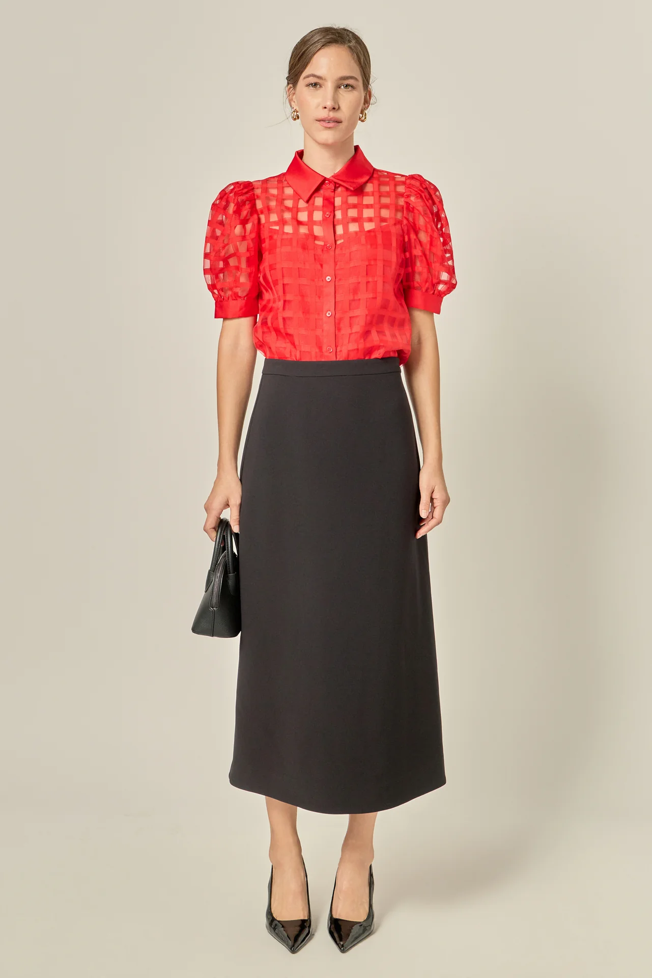 Short Sleeve Organza Grid Blouse - Image 7