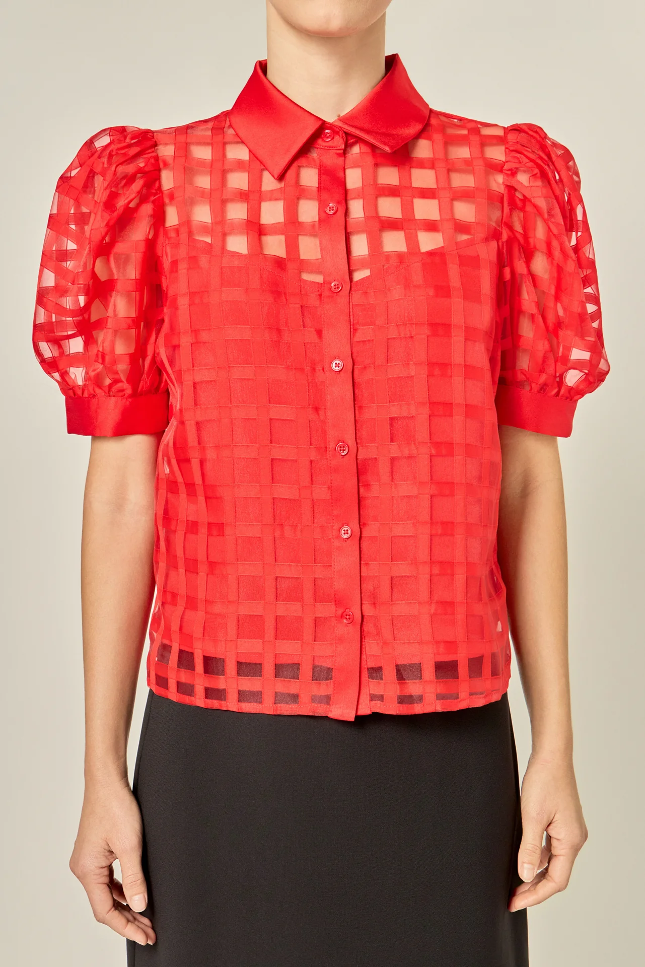 Short Sleeve Organza Grid Blouse - Image 8