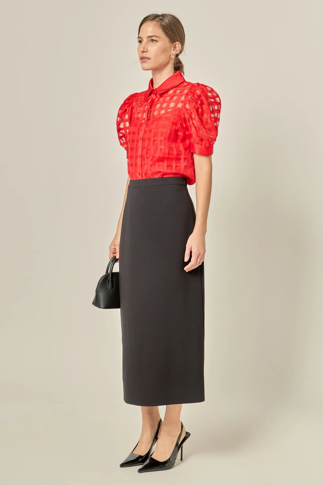 Short Sleeve Organza Grid Blouse - Image 9