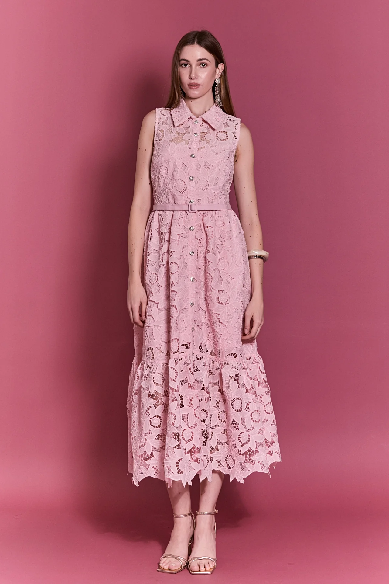 Lace Button-Front Sleeveless Midi Dress