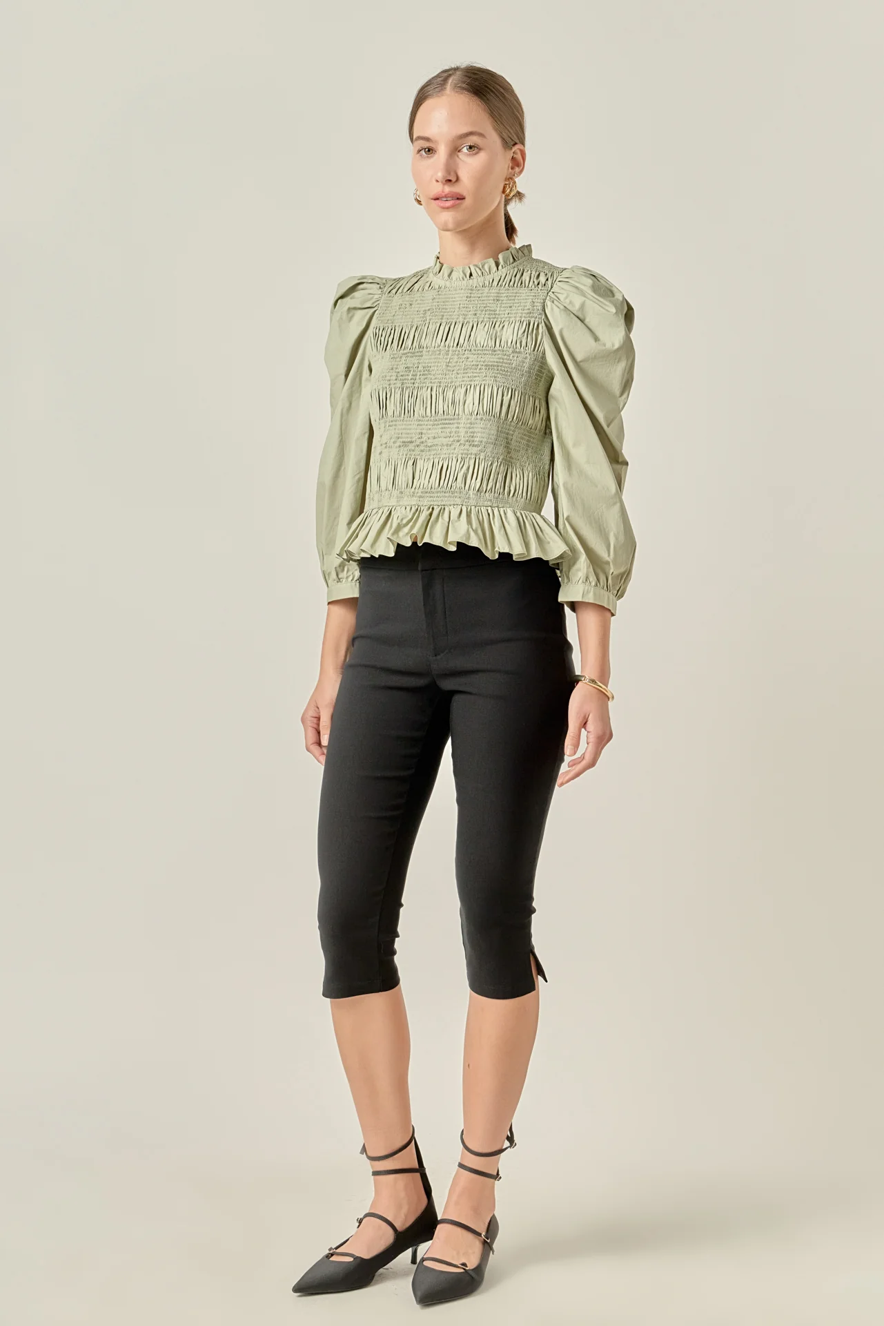 Smocking Detail Puff Sleeve Poplin Blouse - Image 8