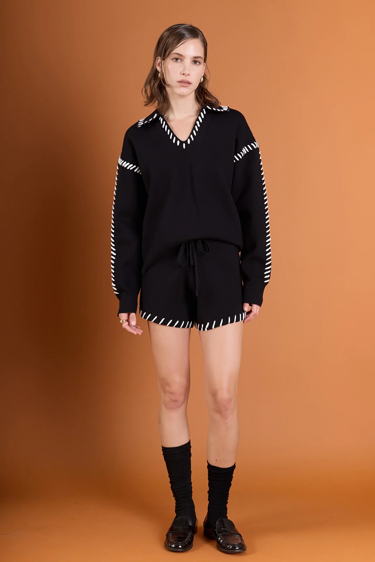 Stitch Detail Knit Collar Top