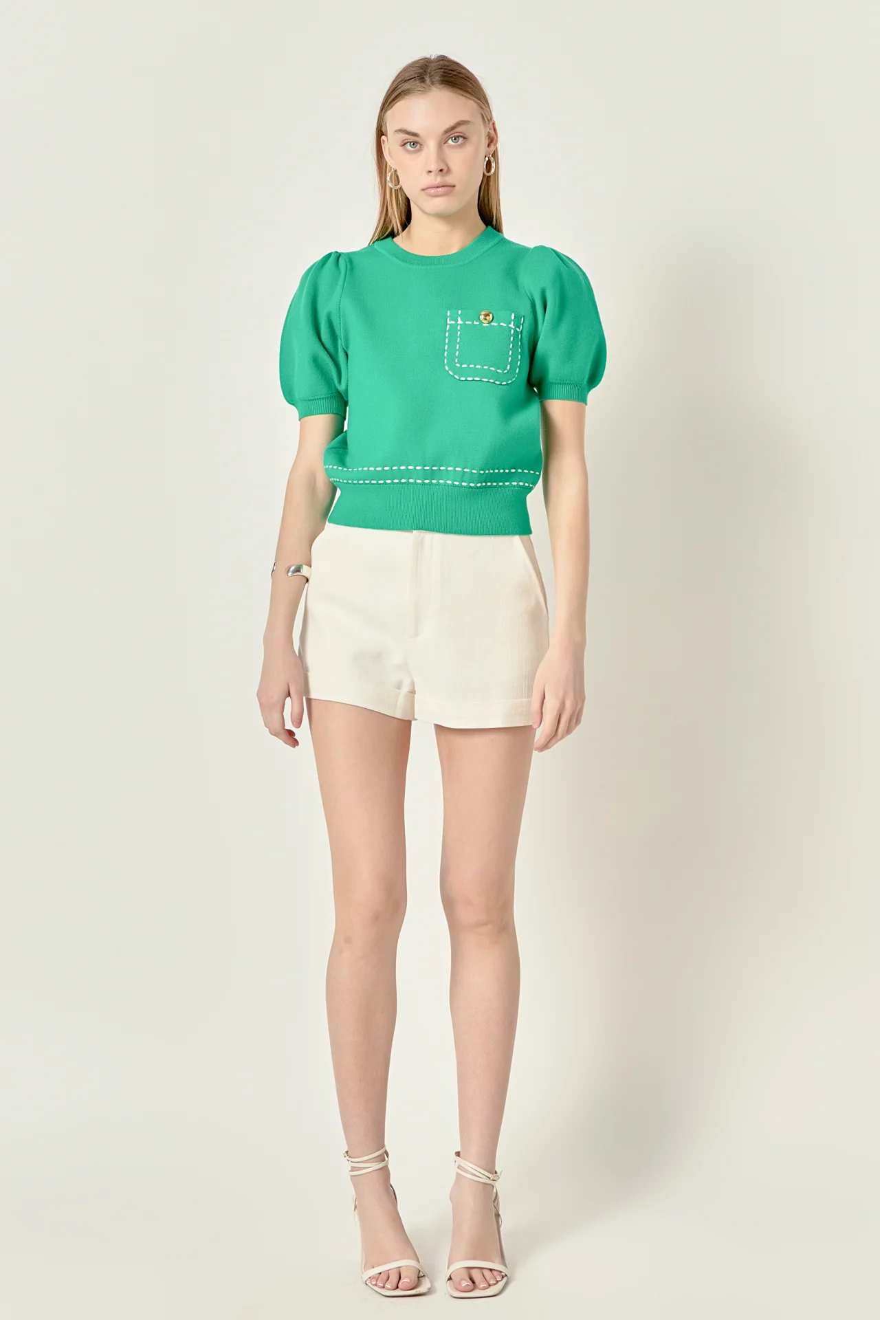 Puff Sleeve Stitch Detail Knit Top