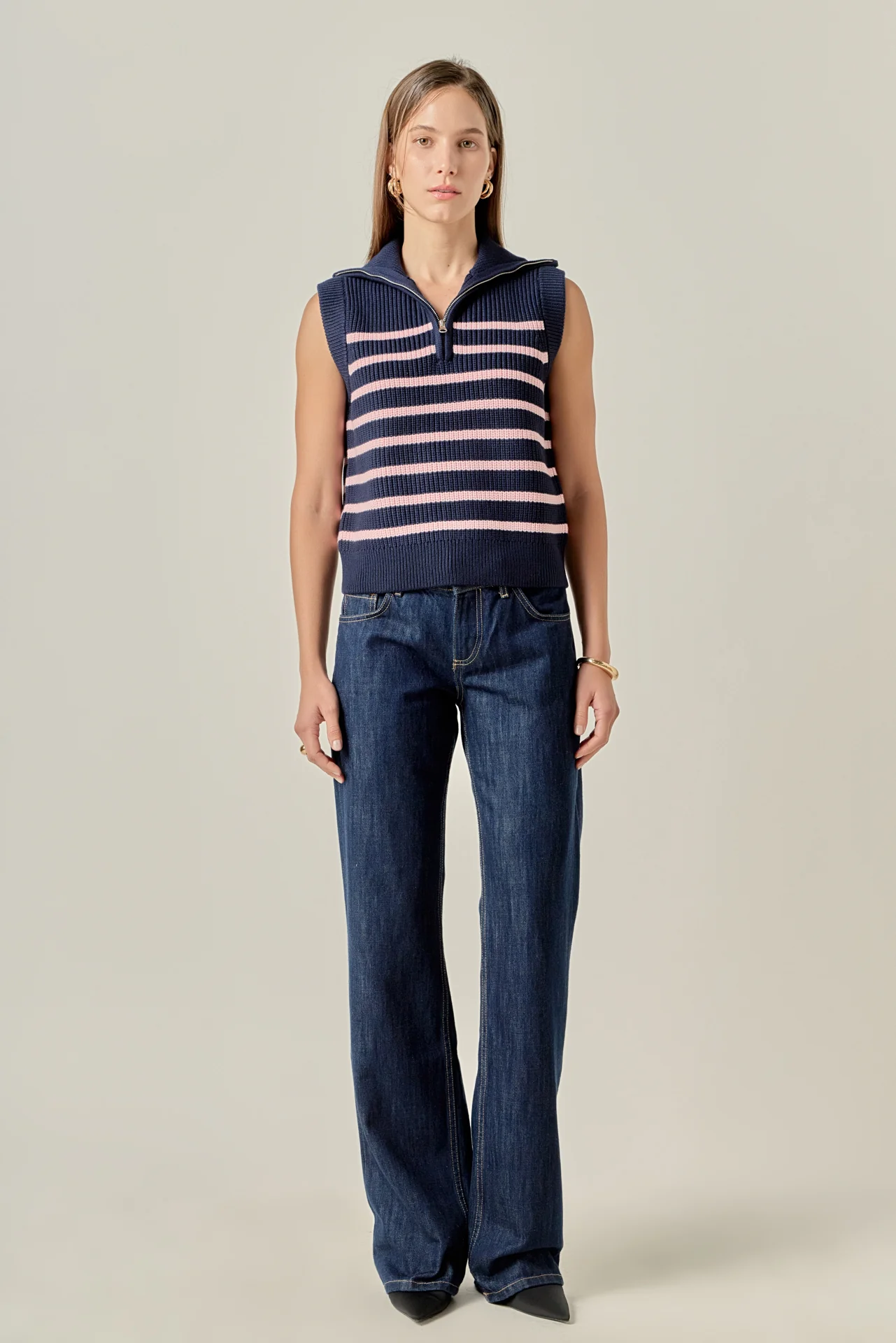 Stripe Half Zip Up Sleeveless Knit Top