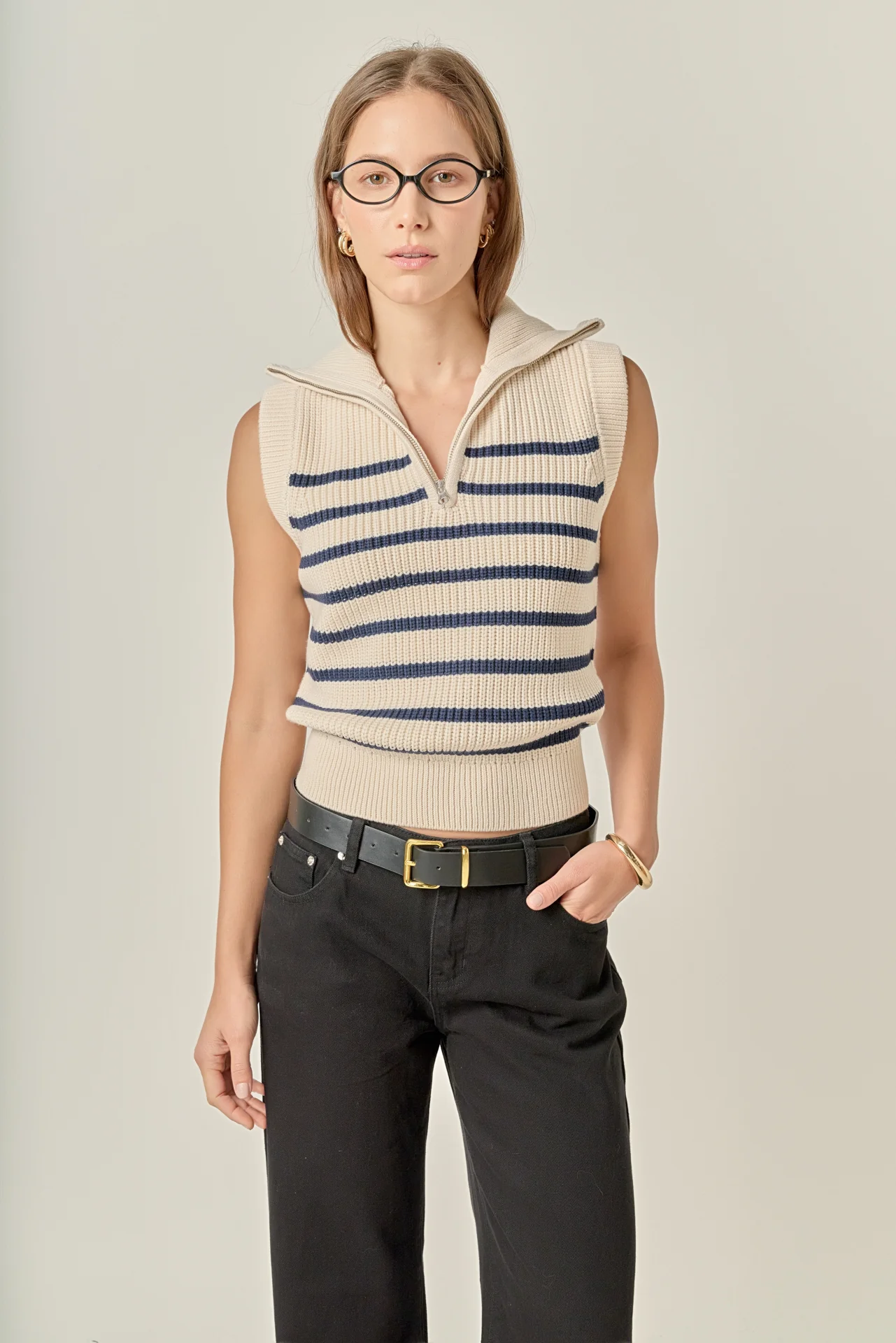 Stripe Half Zip Up Sleeveless Knit Top - Image 10