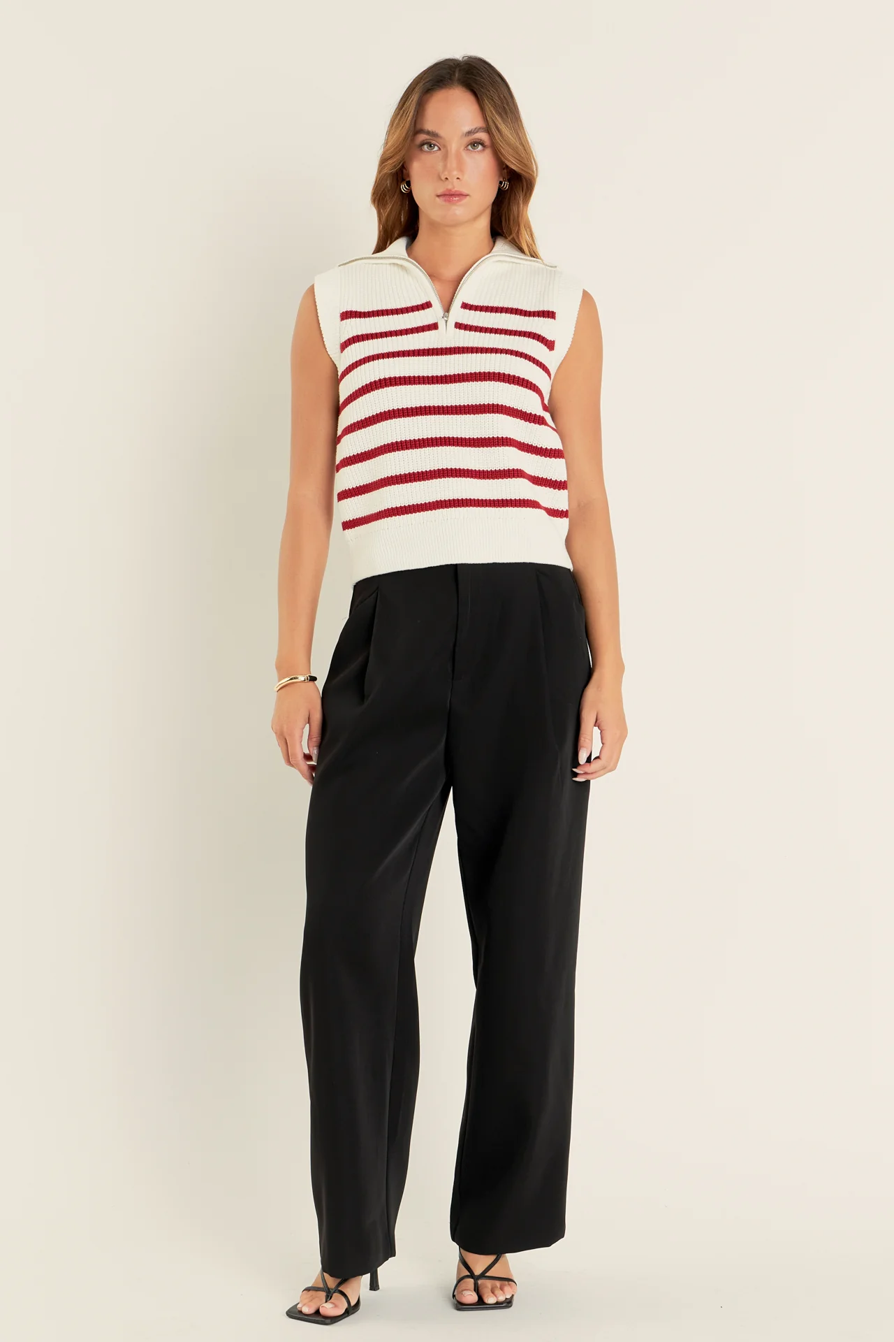Stripe Half Zip Up Sleeveless Knit Top - Image 11