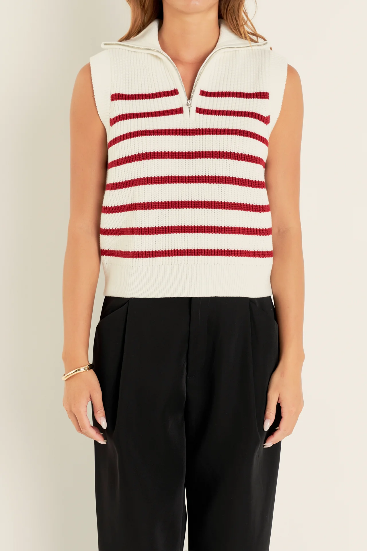 Stripe Half Zip Up Sleeveless Knit Top - Image 12