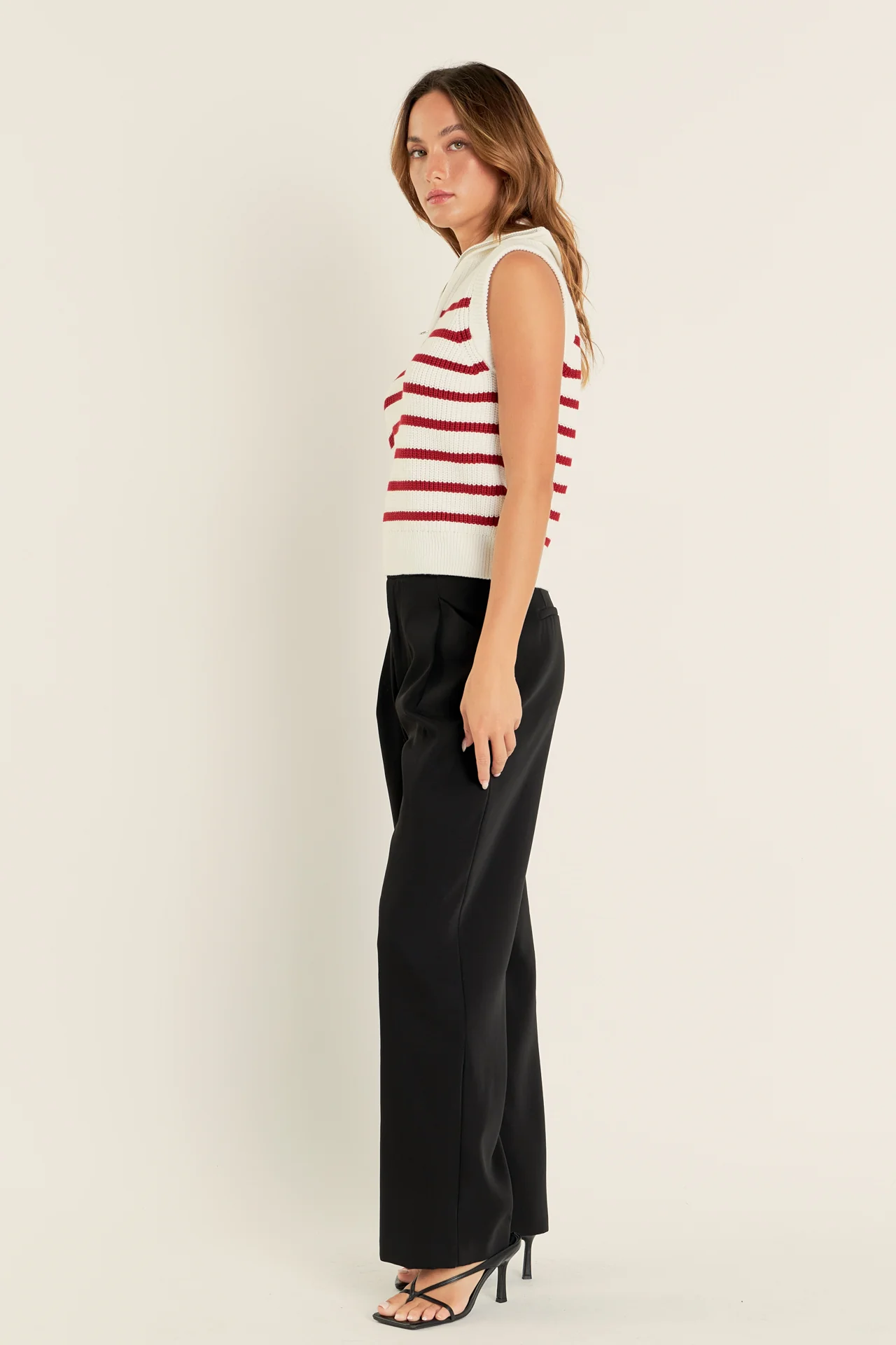Stripe Half Zip Up Sleeveless Knit Top - Image 13