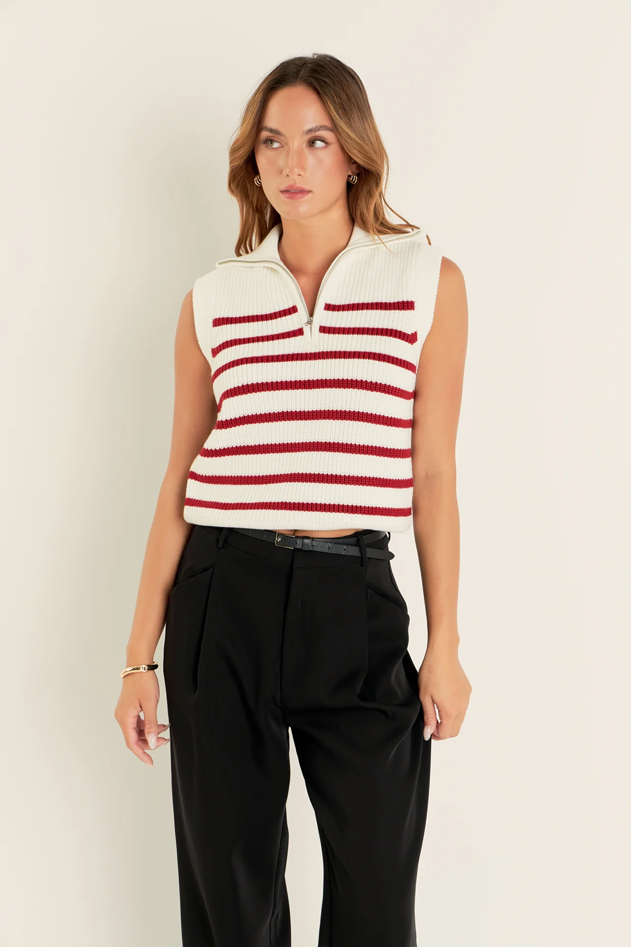 Stripe Half Zip Up Sleeveless Knit Top - Image 15