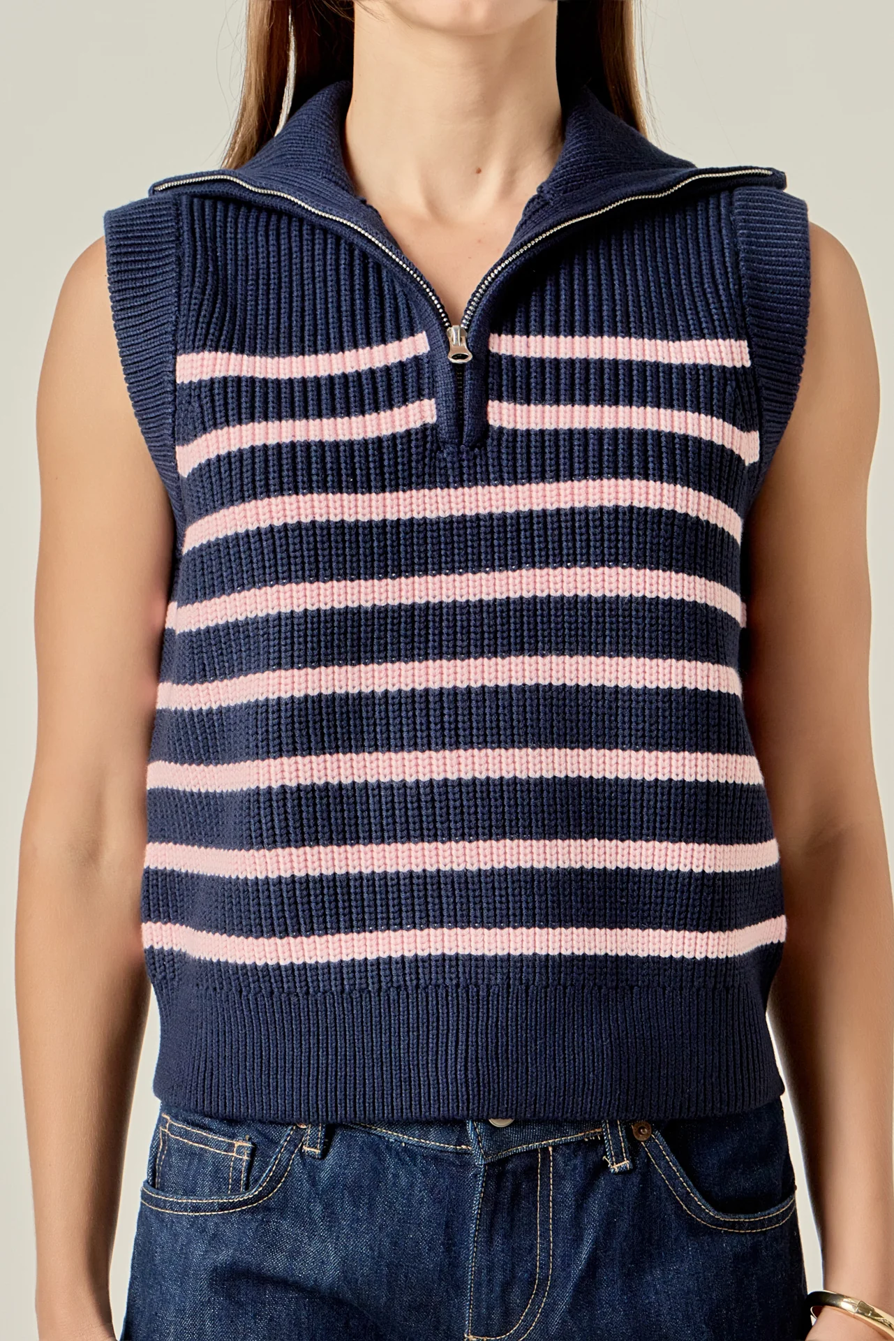 Stripe Half Zip Up Sleeveless Knit Top - Image 2