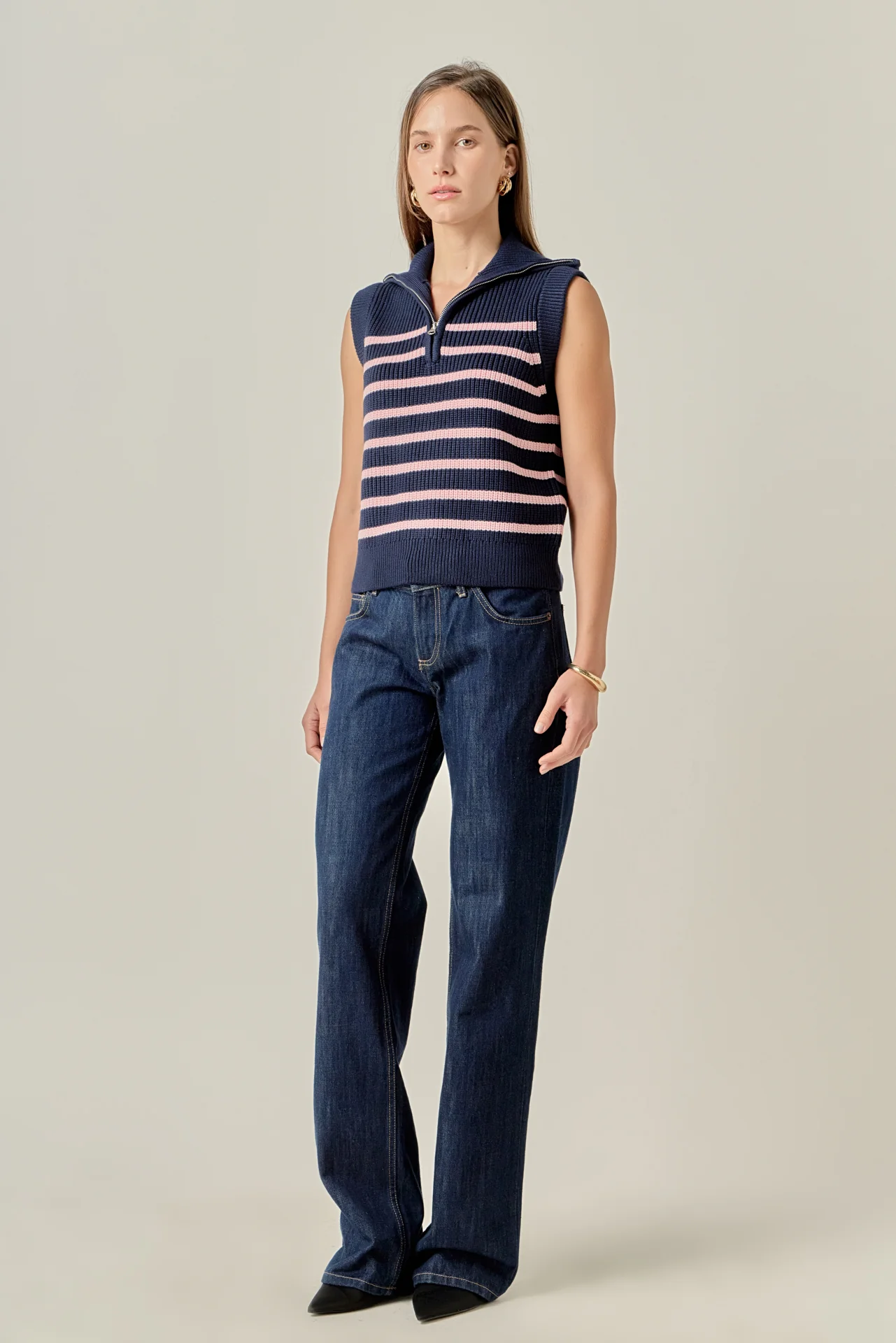 Stripe Half Zip Up Sleeveless Knit Top - Image 3