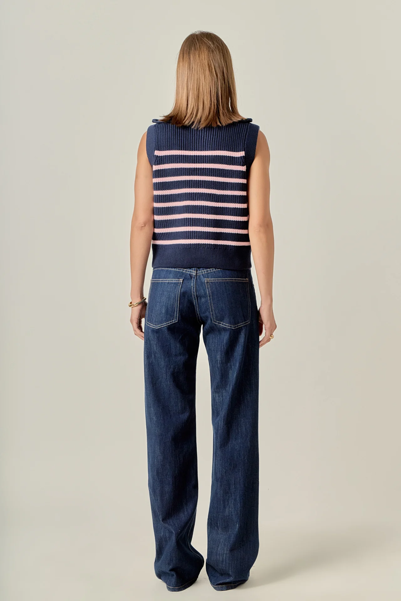 Stripe Half Zip Up Sleeveless Knit Top - Image 4